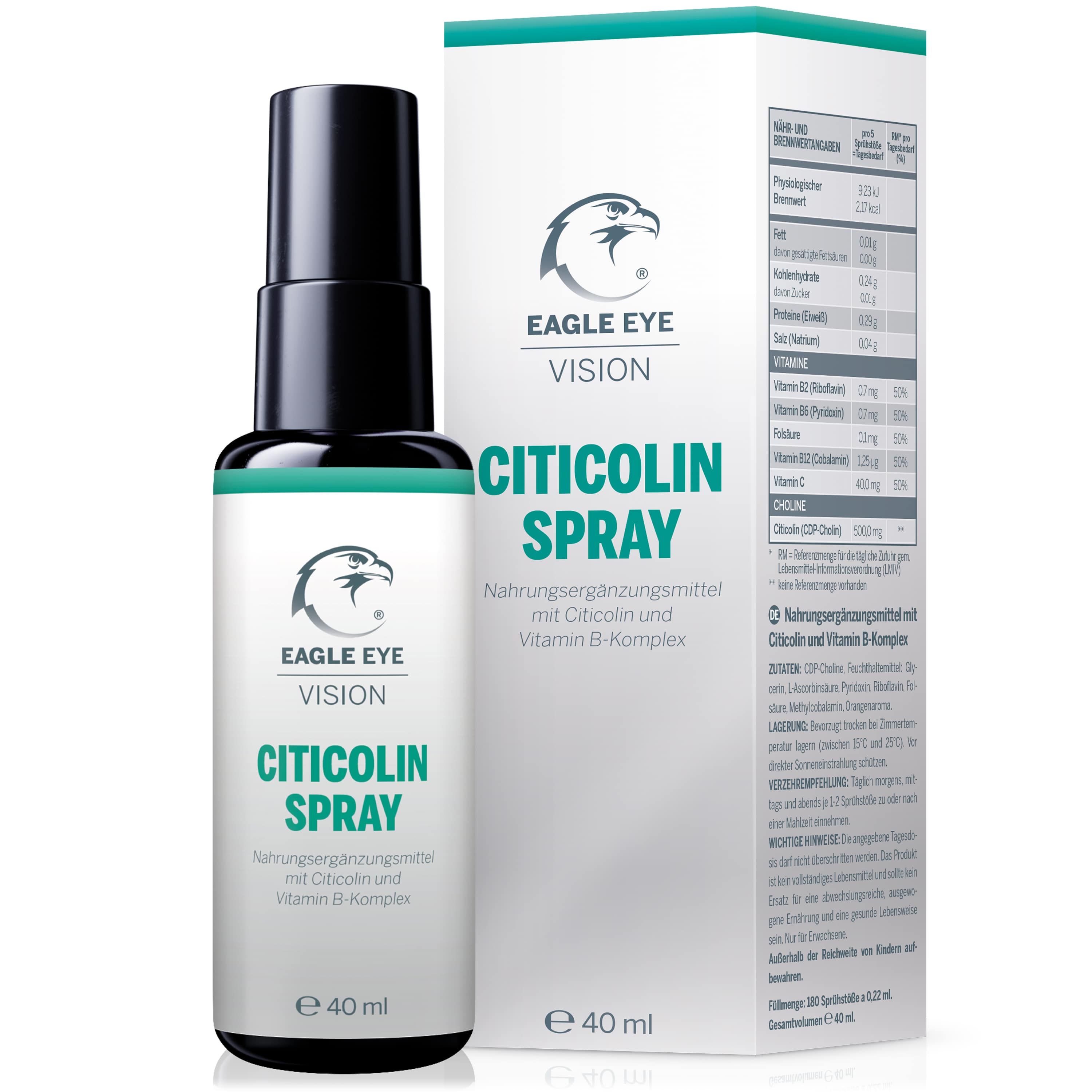 EAGLE EYE VISION CITICOLIN SPRAY Flasche und Verpackung. Enthält Citicolin und Vitamin B-Komplex. Flasche: 40 ml.