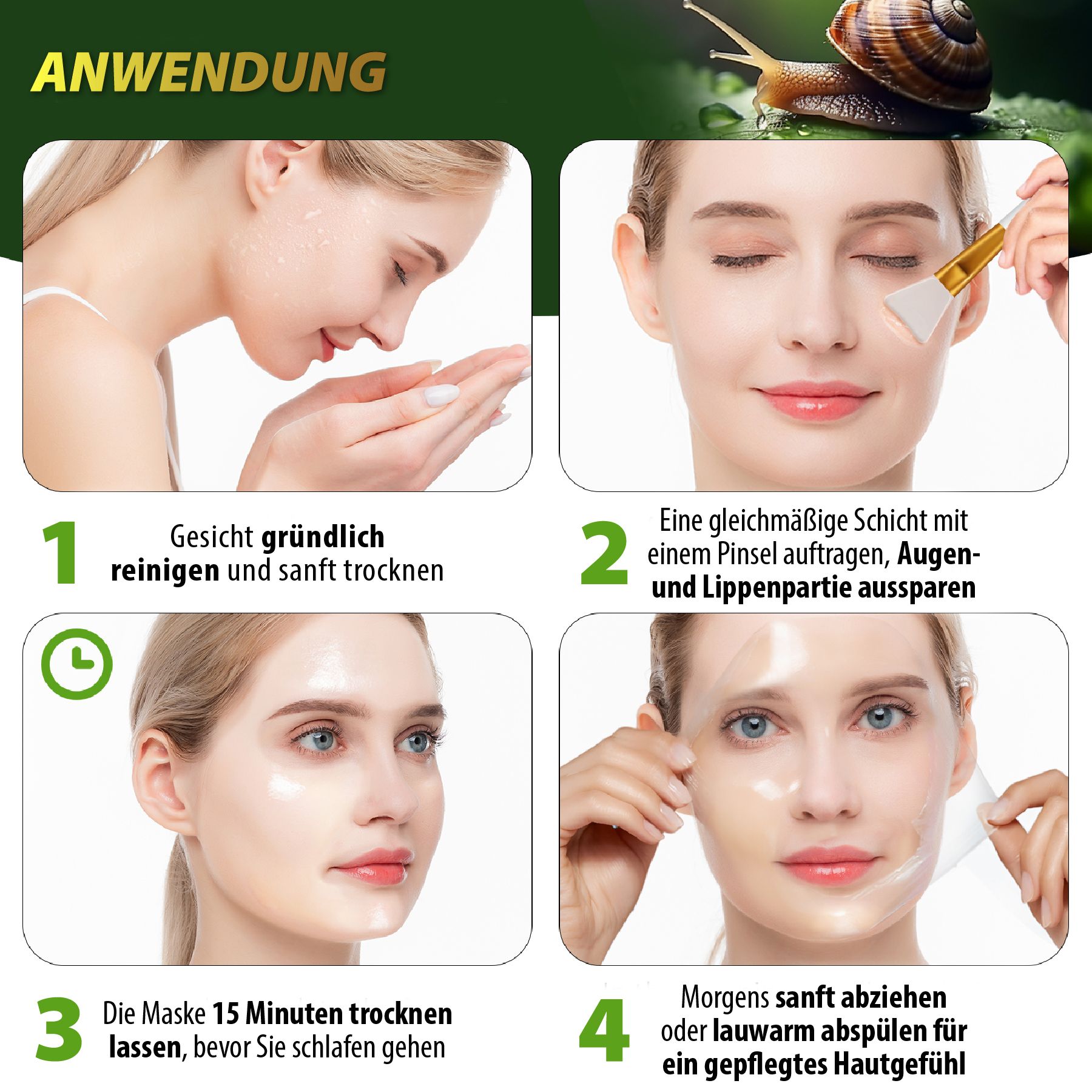 Anwendungsschritte. Gesicht reinigen, Maske auftragen, trocknen lassen, abziehen. Frau mit Maske.