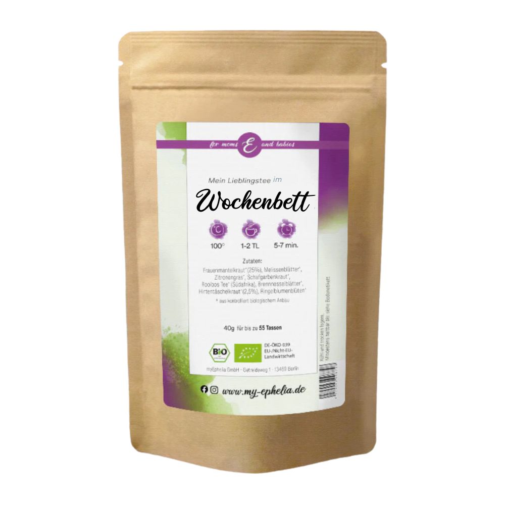 Produktverpackung mit Text. Aufschrift: Mein Lieblingstee im Wochenbett. Bio-Siegel. Zutatenliste. 40g für bis zu 55 Tassen. Logo myEphelia. Bio-Zertifizierung.