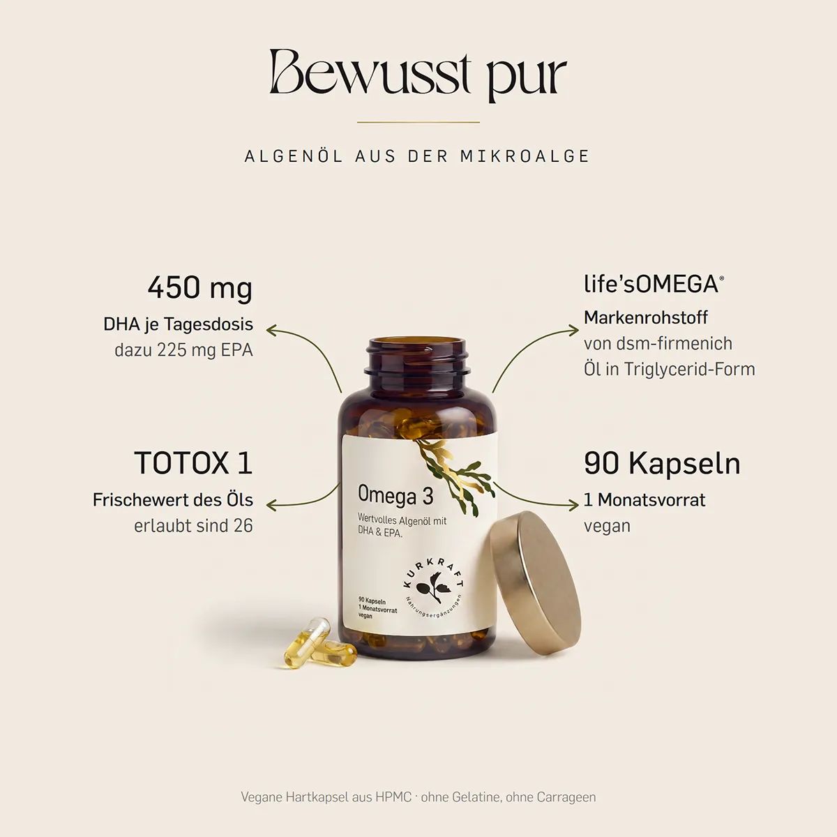 Flasche Omega 3 Algenöl Kapseln mit Erläuterungen zu DHA, EPA, TOTOX-Wert und Kapselanzahl.