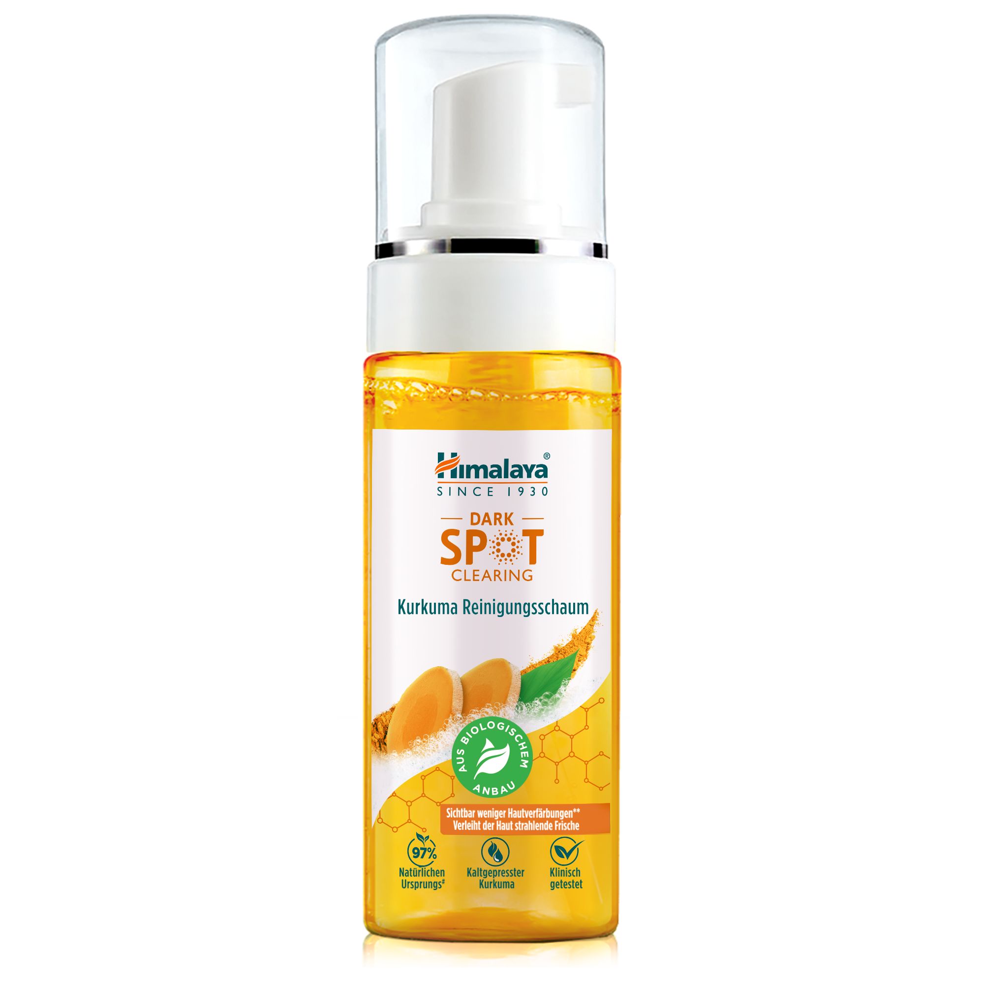 Flasche mit Pumpspender, gelbe Flüssigkeit, Etikett mit Kurkuma-Motiv und Produktinformationen.