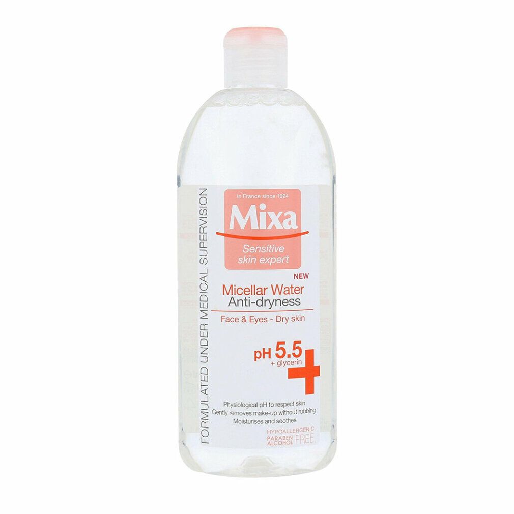 Klare Flasche mit rosa Verschluss. Etikett mit "Mixa", "Micellar Water Anti-dryness", pH 5.5 und Inhaltsstoffen.