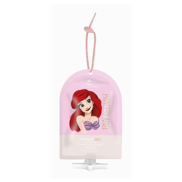 Rosa Duschgel-Verpackung mit Ariel-Illustration. Mit Aufhängeschlaufe und Dosierer. Schriftzug: Princess Ariel und Shower Gel.