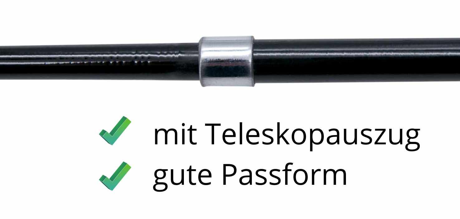 Schwarzer Teleskopauszug. Metallring. Text: mit Teleskopauszug, gute Passform.