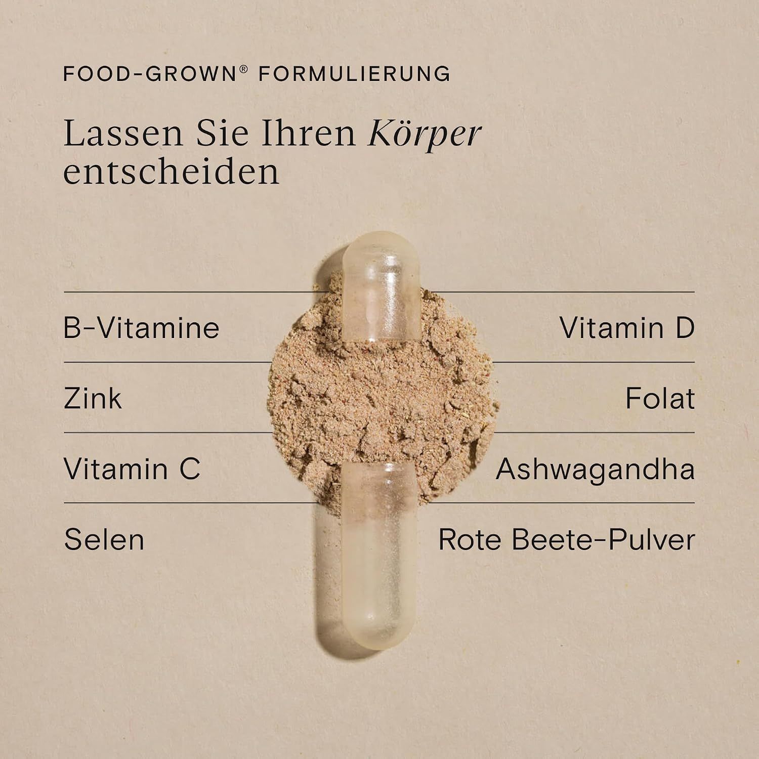Pulver in einer Kapsel mit B-Vitaminen, Zink, Vitamin C, Selen, Vitamin D, Folat, Ashwagandha und Rote Bete-Pulver.