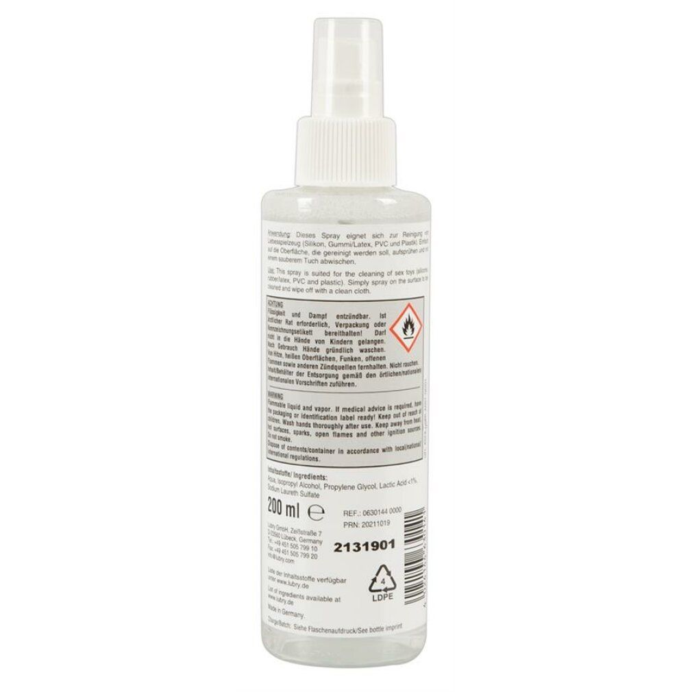 Rückseite der Reinigungspray-Flasche. Text in Deutsch und Englisch. Enthält Warnhinweise und Inhaltsstoffe. 200 ml.