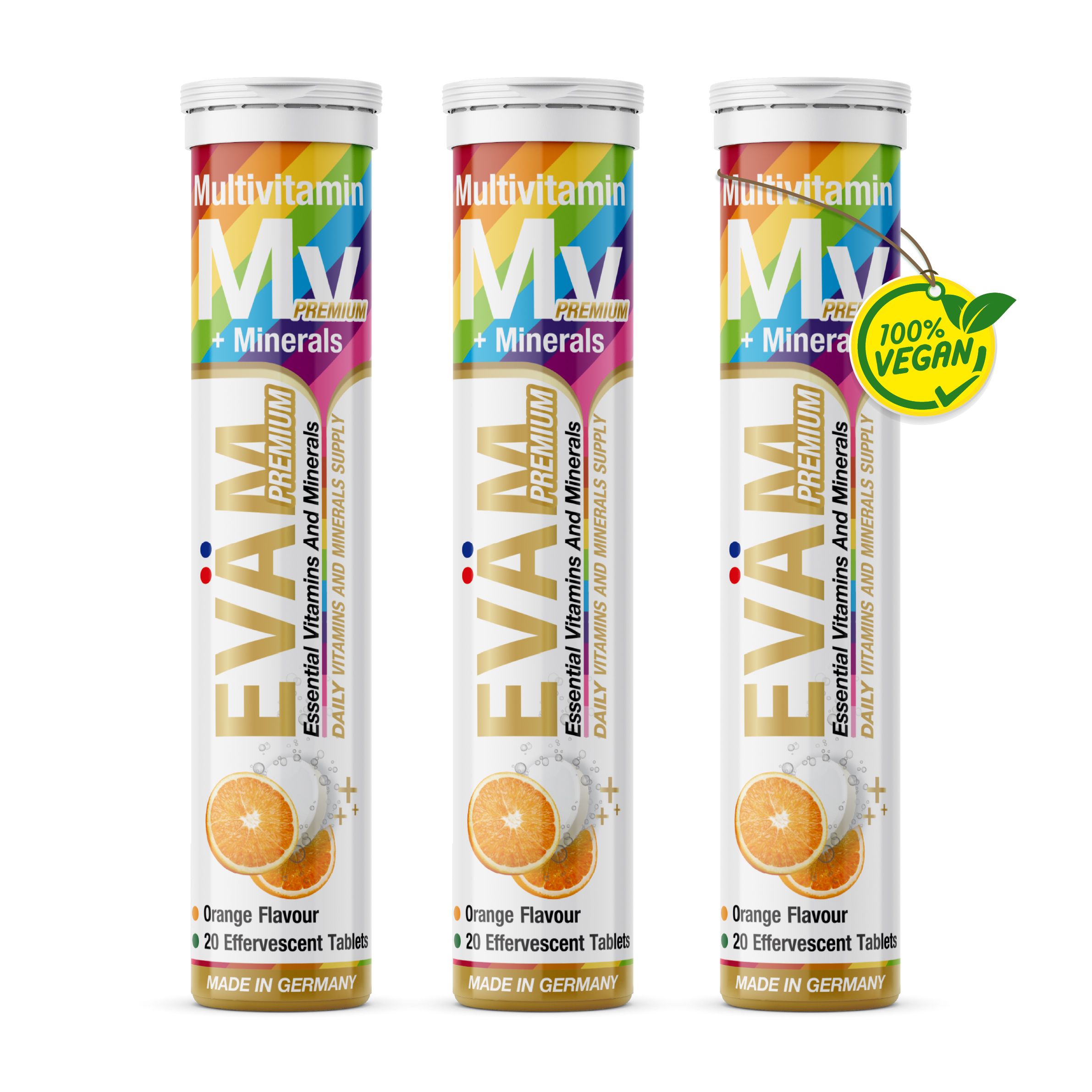 Drei Tuben EVÄM Multivitamin + Mineralien Brausetabletten. Jede Tube enthält 20 Brausetabletten mit Orangengeschmack. Vegan.