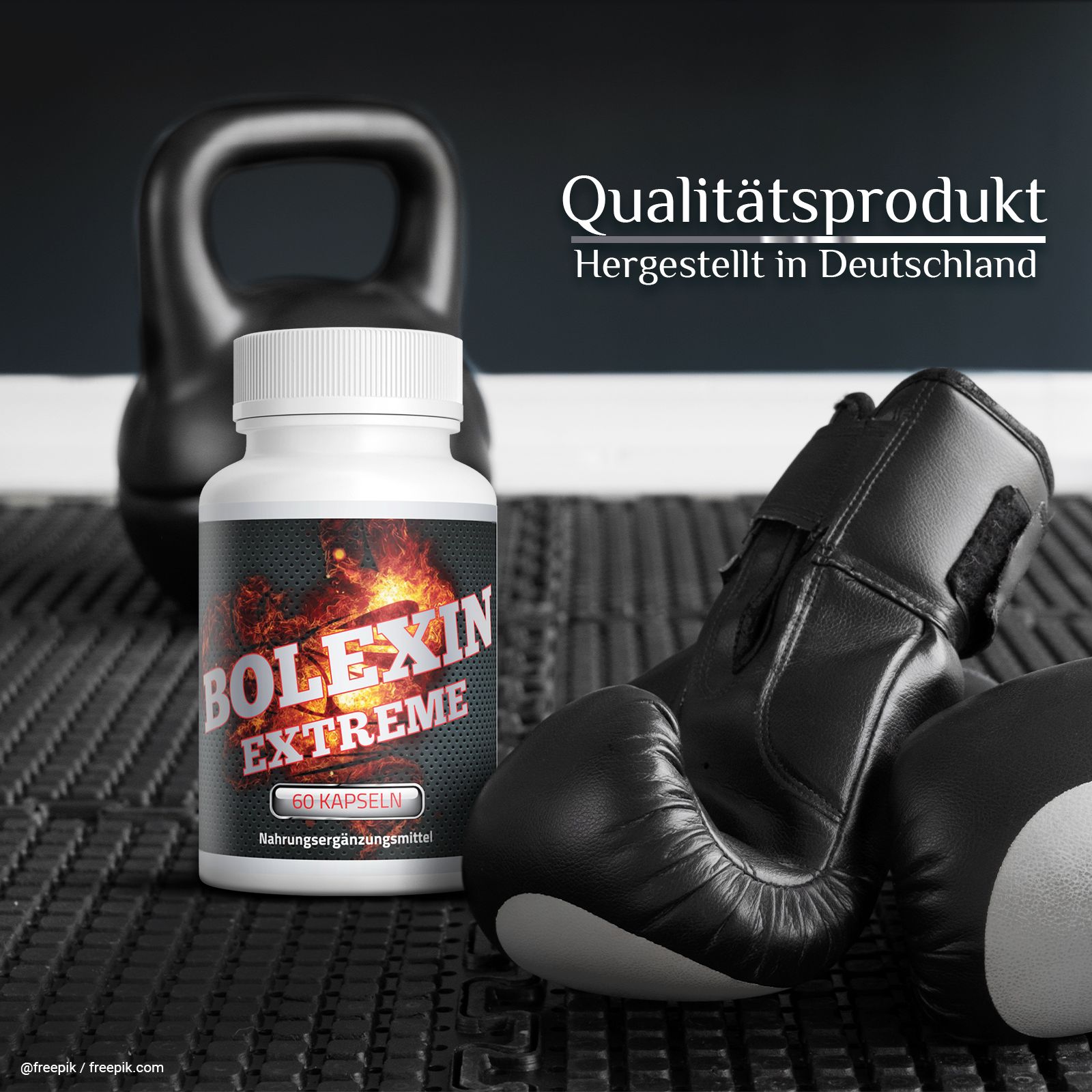 Weiße Flasche mit schwarzem Etikett. Aufschrift: BOLEXIN EXTREME, 60 Kapseln. Text: Nahrungsergänzungsmittel. Hintergrund: Boxhandschuhe, Kettlebell.