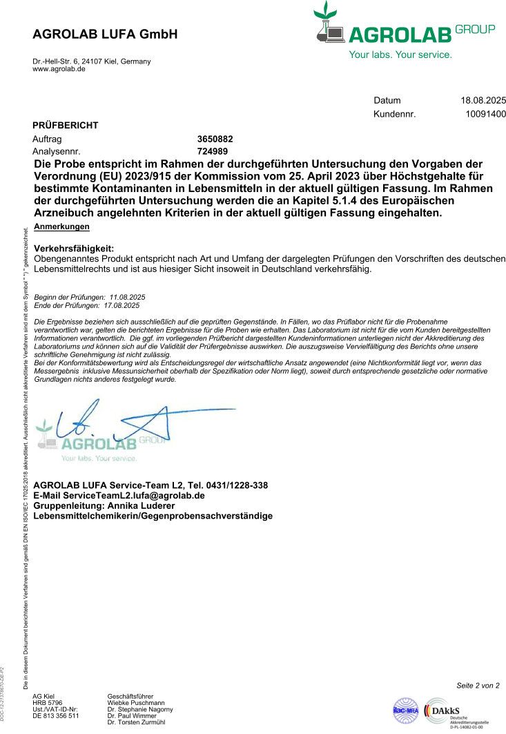 Prüfbericht von Agrolab. Enthält Informationen zur Konformität mit EU-Verordnungen. Datum: 18.08.2025. Unterschrift.