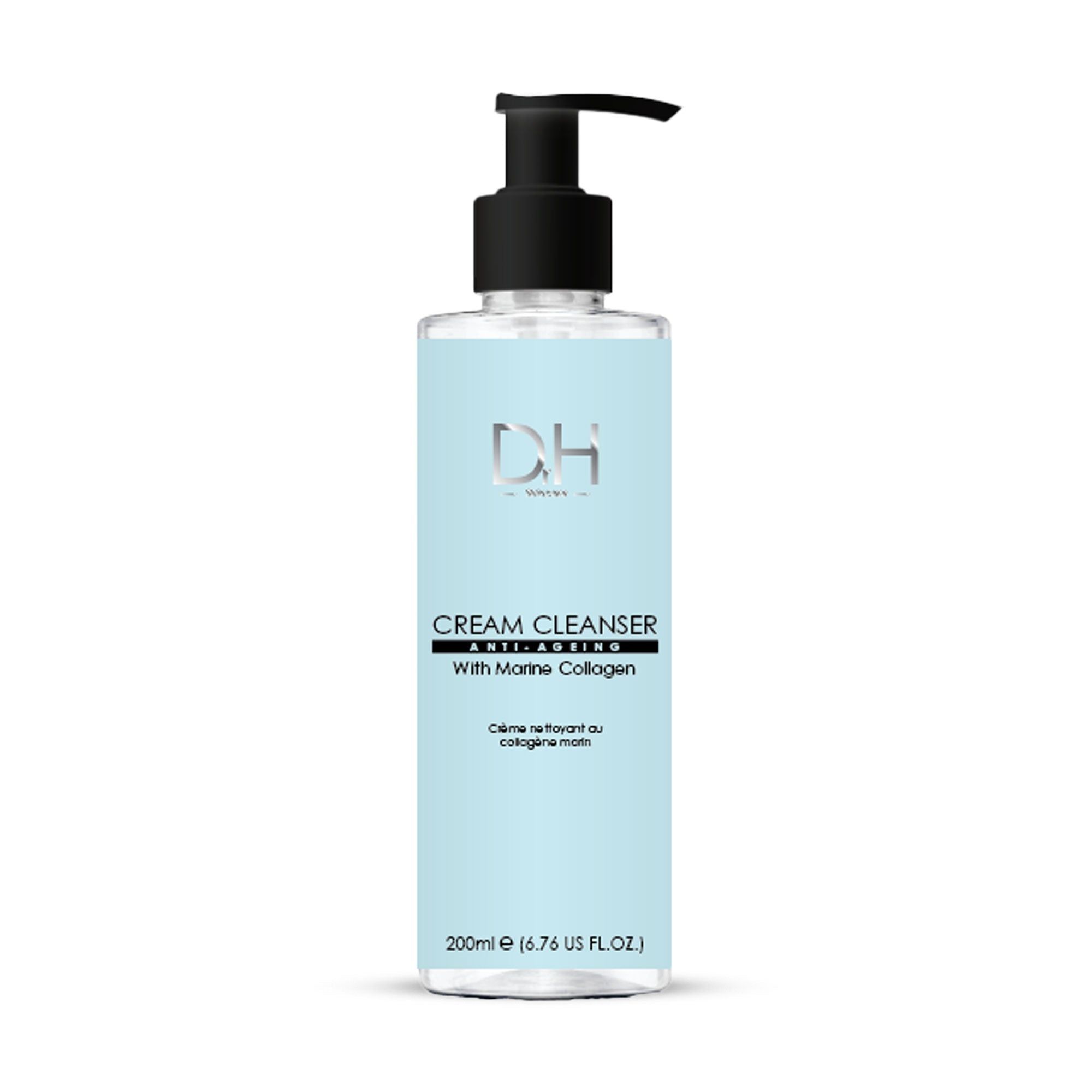 Creme-Reiniger mit Pumpverschluss. Hellblaue Flasche mit schwarzem Pumpverschluss. Aufschrift: Creme-Reiniger, Anti-Aging, mit Marine Collagen.