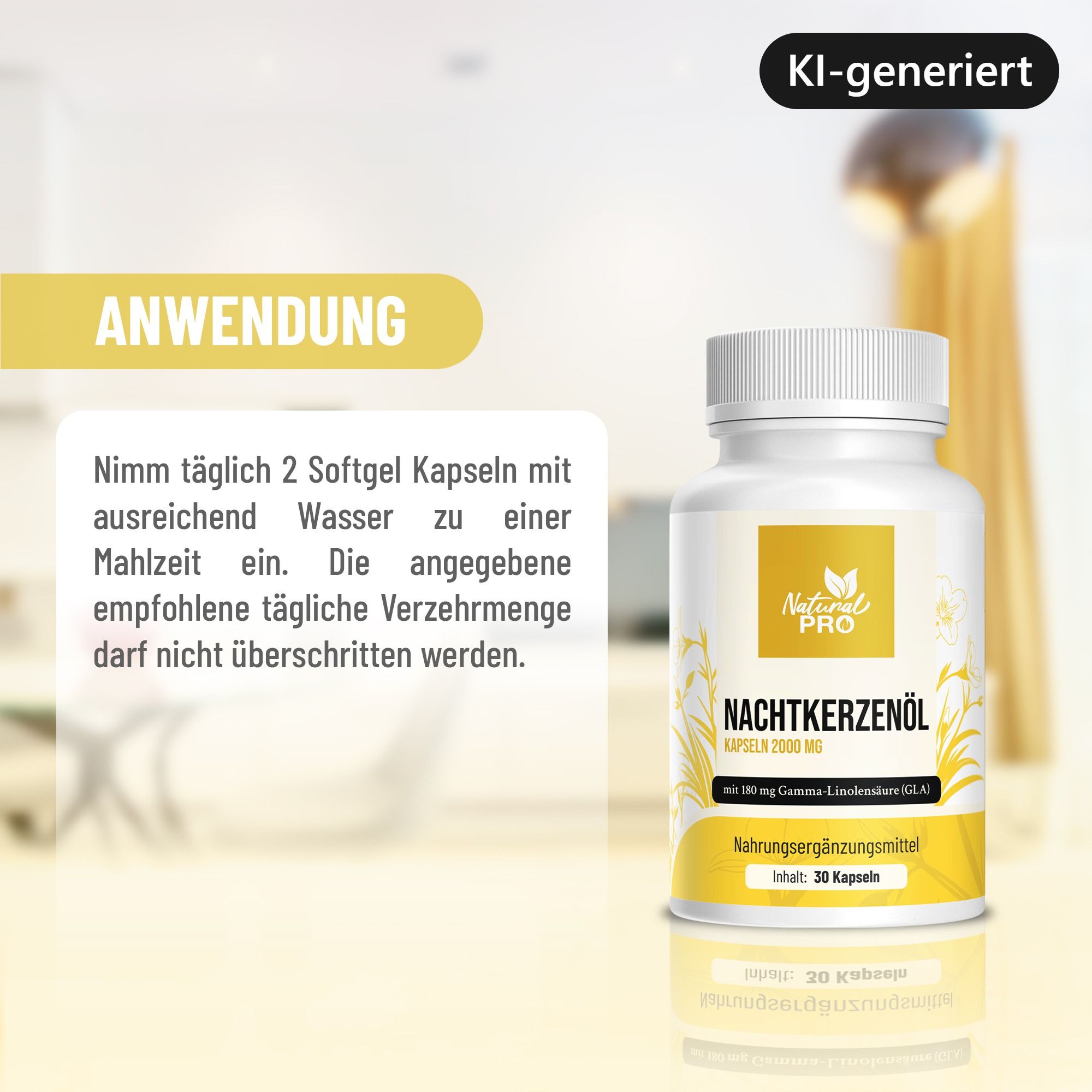 Flasche mit Nachtkerzenöl-Kapseln. Enthält 30 Kapseln. Mit Anwendungshinweisen.