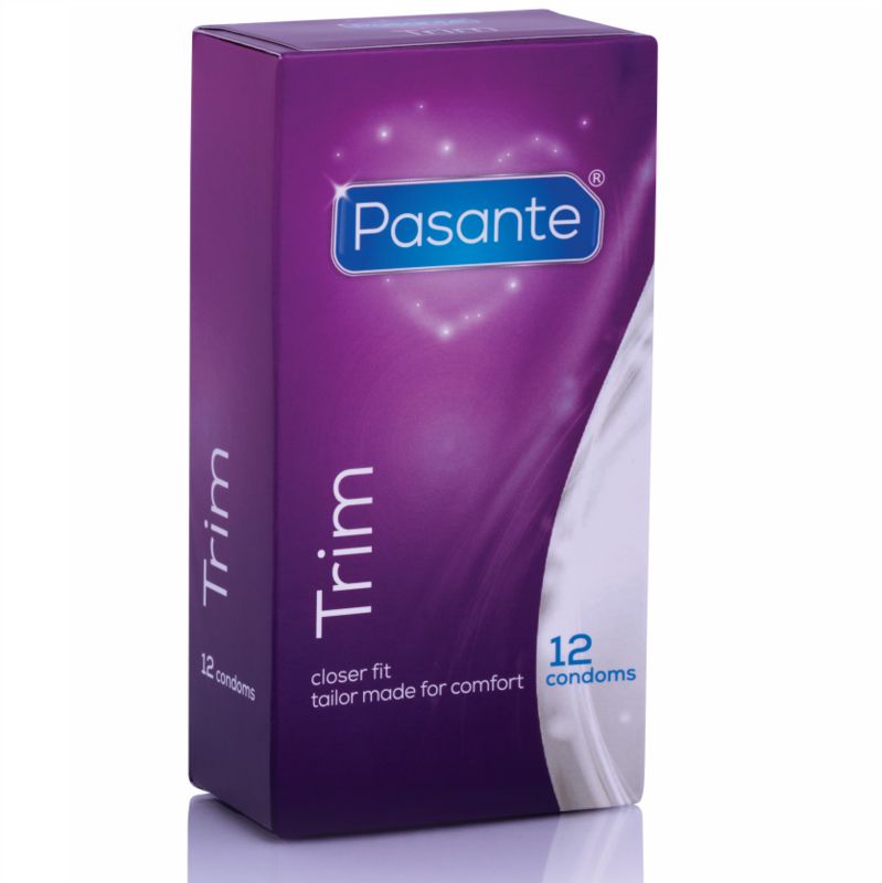 Verpackung von Pasante Trim, 12 Kondome. Lila Schachtel mit rosa Akzenten.