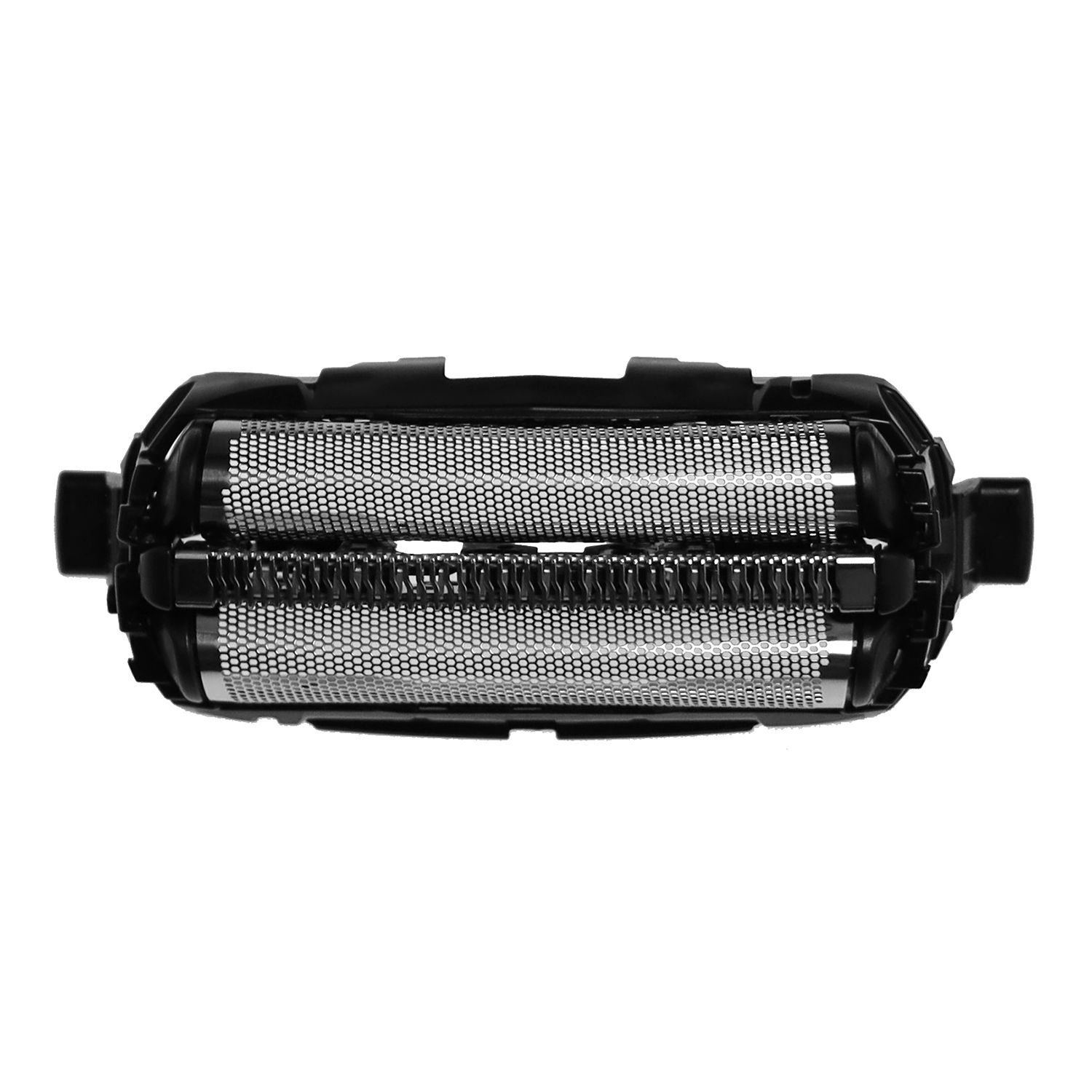 Rasierklinge mit zwei silberfarbenen Scherköpfen und schwarzem Rahmen. Draufsicht, isoliert auf weißem Hintergrund.