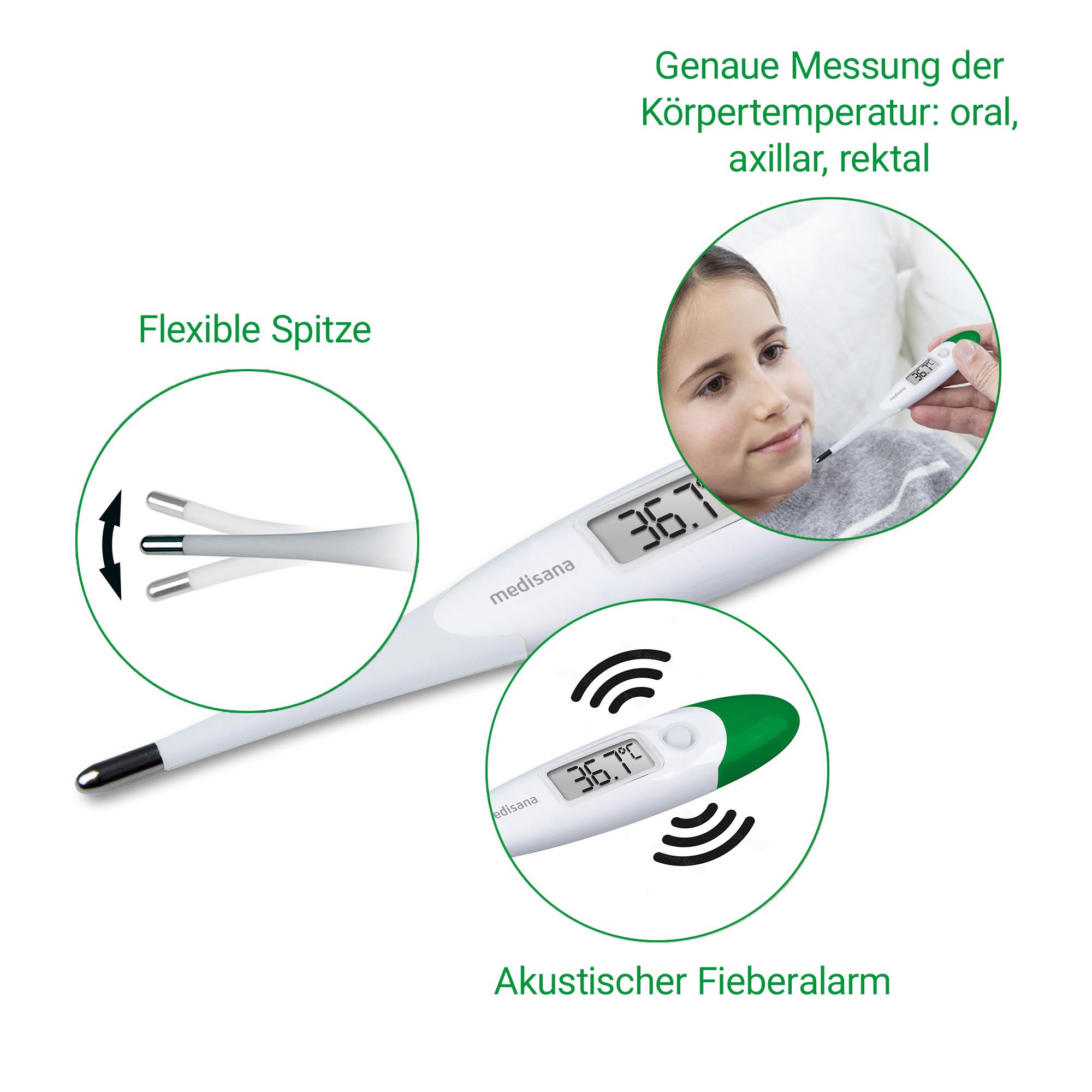 Digitales Fieberthermometer mit flexibler Spitze, akustischem Alarm und genauer Messung.