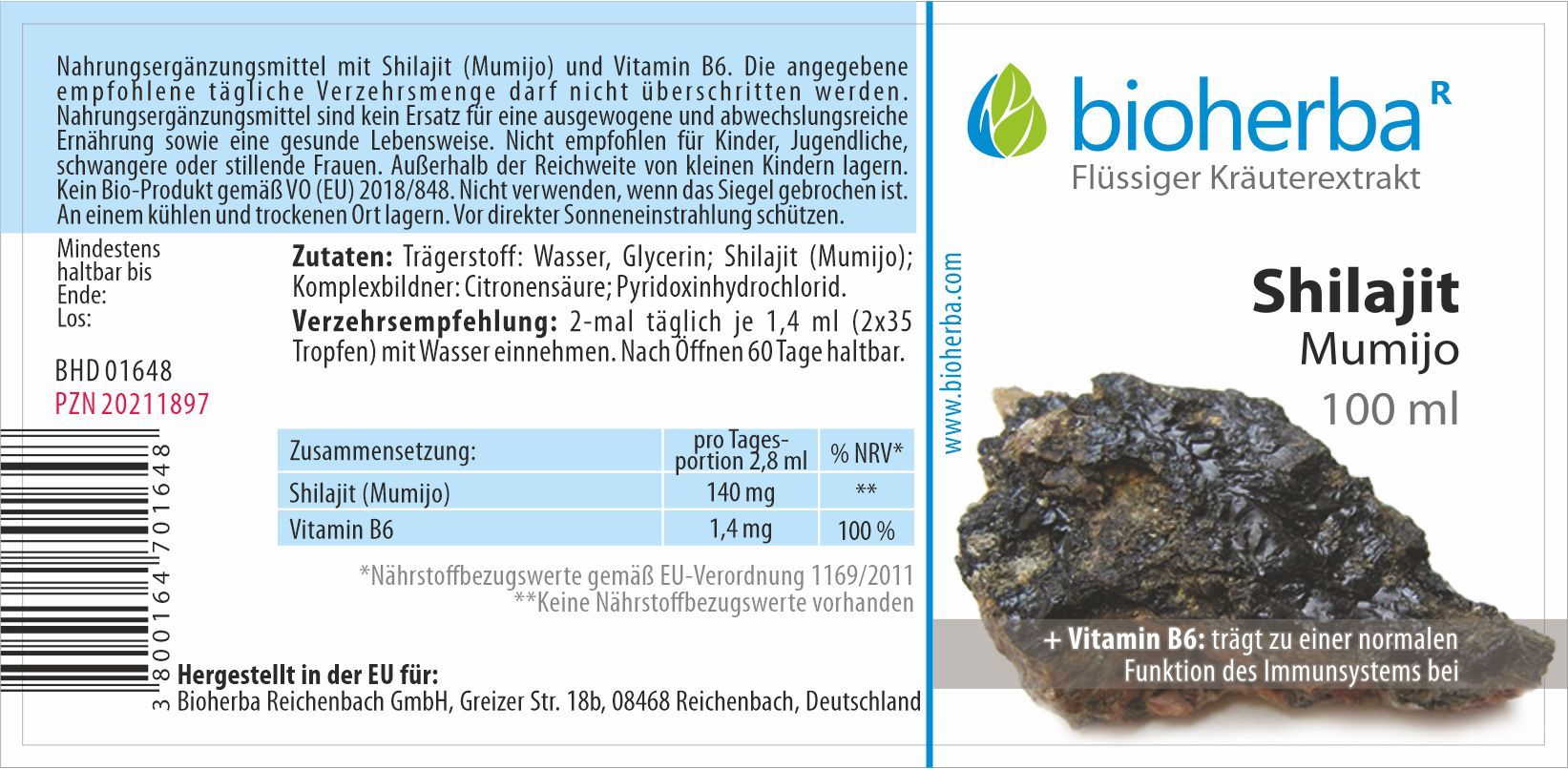 Etikett mit Produktinformationen, Inhaltsstoffen und Dosierung. Logo und Produktname. 100 ml.