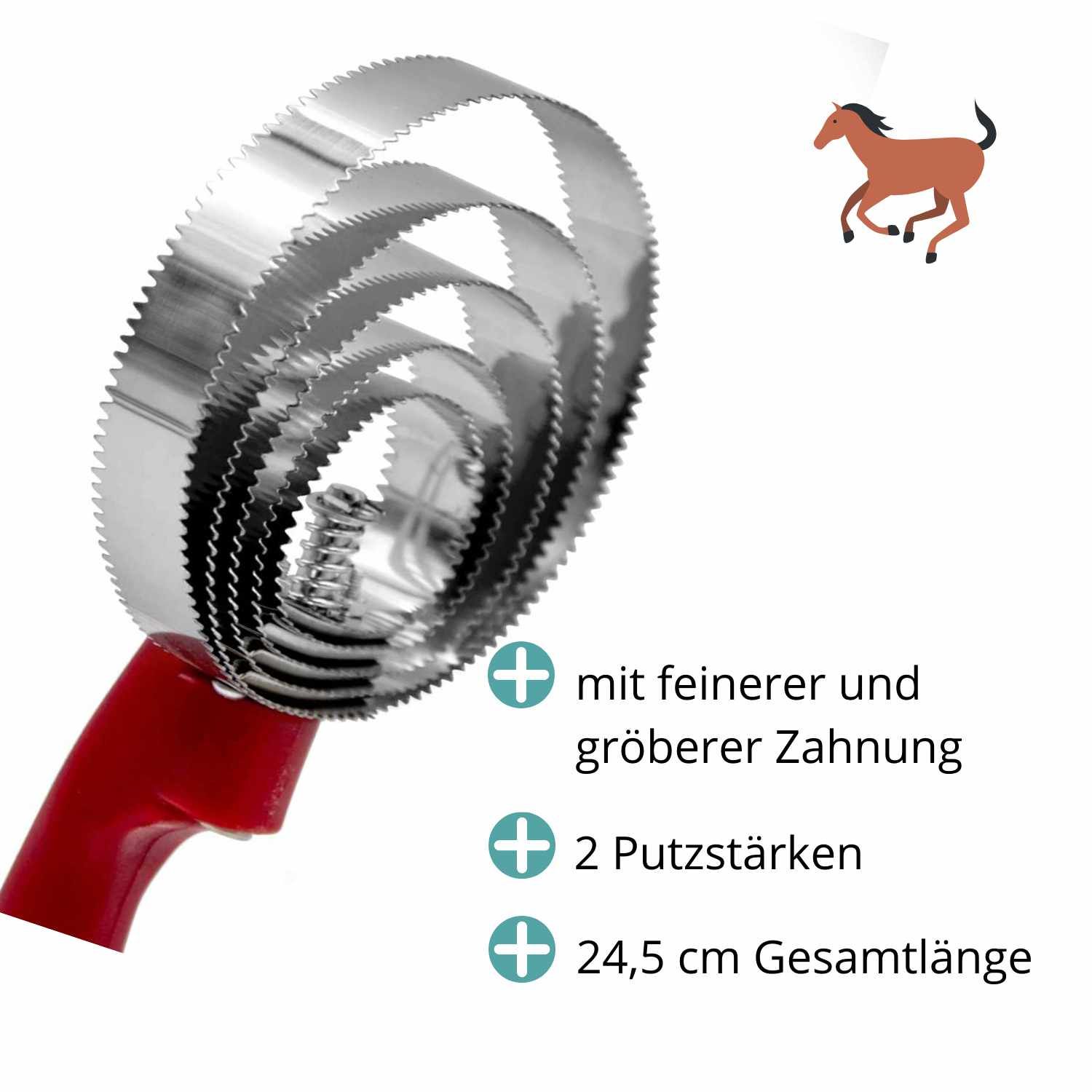 Federstriegel mit rotem Griff. Text: feinere und größere Zahnung, 2 Putzstärken, 24,5 cm Gesamtlänge.