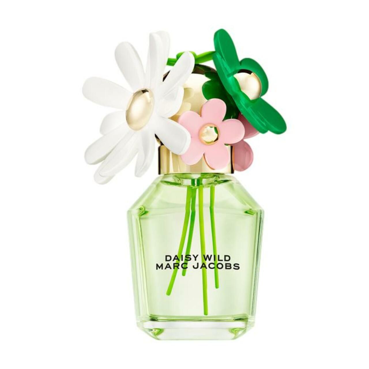 Grünes Parfümflakon mit Blumenverzierung. Aufschrift: Daisy Wild Marc Jacobs. Goldener Verschluss.