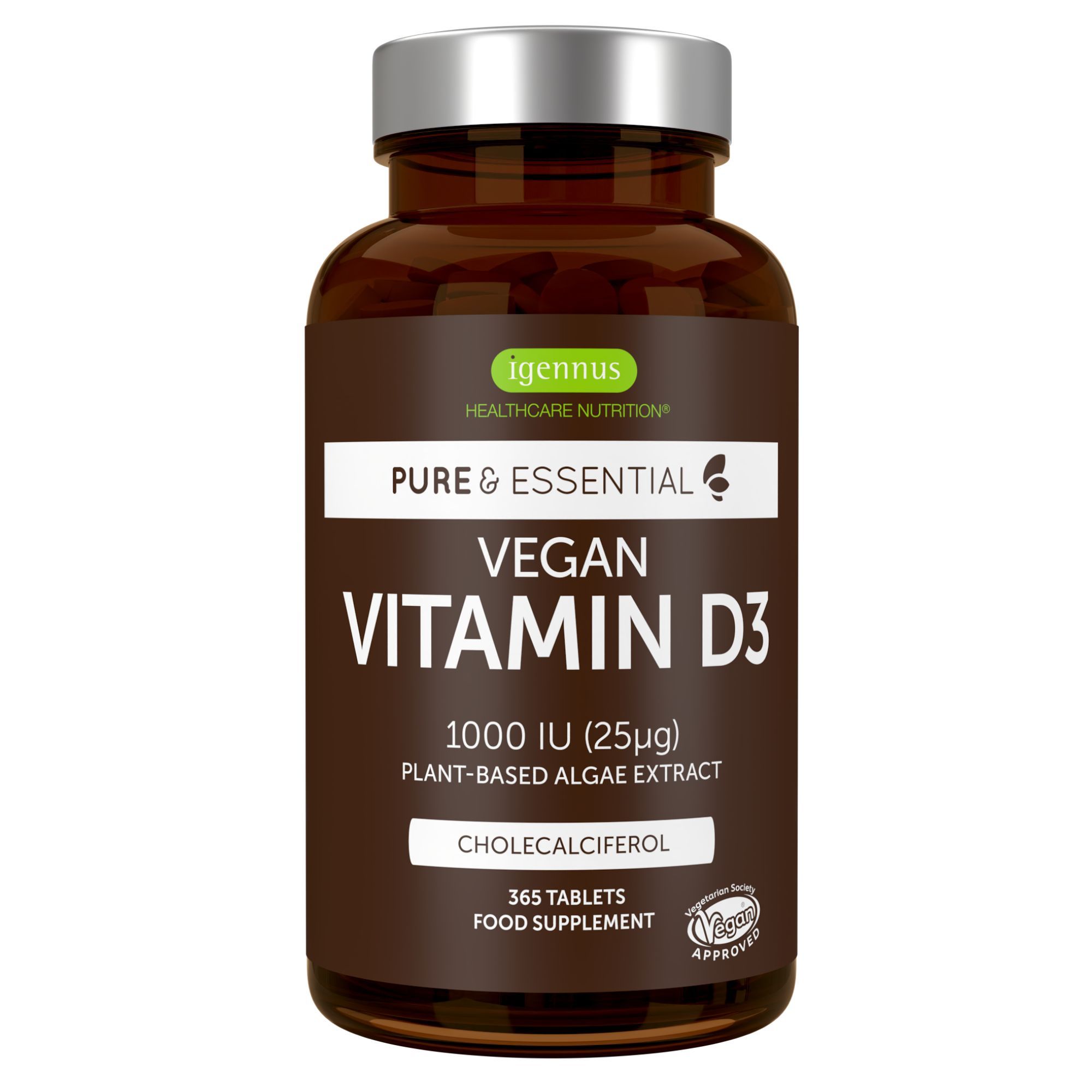 Braune Glasflasche mit Igennus Vegan Vitamin D3 Etikett, 1000 IE, 365 Tabletten.