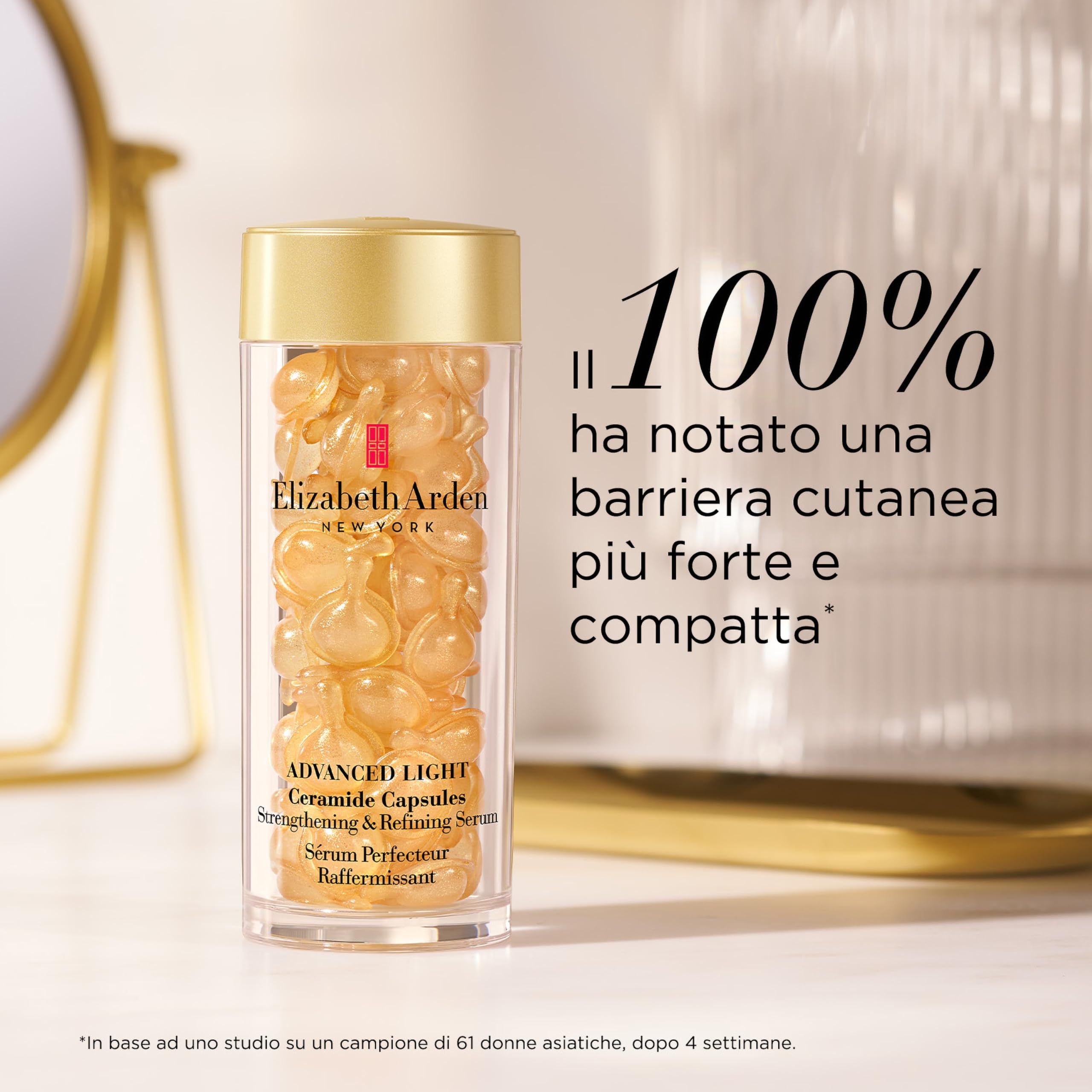 Produkt mit Kapseln. Text: Elizabeth Arden NEW YORK, Advanced Light Ceramide Capsules, Strengthening & Refining Serum, Serum Perfecteur Raffermissant. Text: 100% ha notato una barriera.