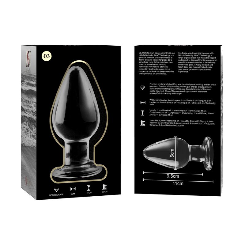 Verpackung und klarer Glas-Analplug. Maße: Länge 11 cm, Breite 5 cm. Höhe 9,5 cm.