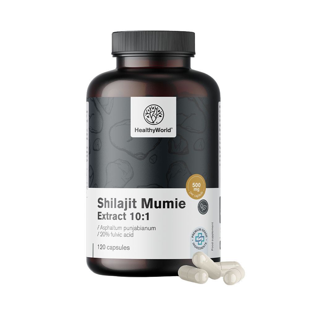 Braune Flasche mit Kapseln. Aufschrift: Shilajit Mumie Extract 10:1, 20% Fulvinsäure. 120 Kapseln.