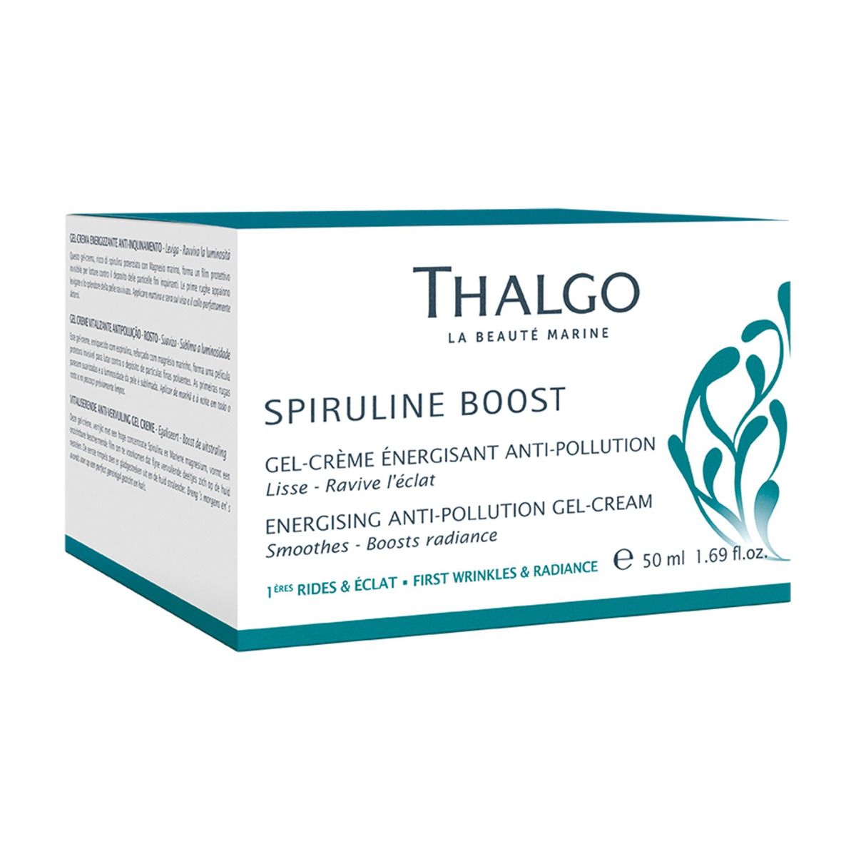 Weiße Schachtel mit Produktnamen "SPIRULINE BOOST" und Markennamen "THALGO". Text in mehreren Sprachen.