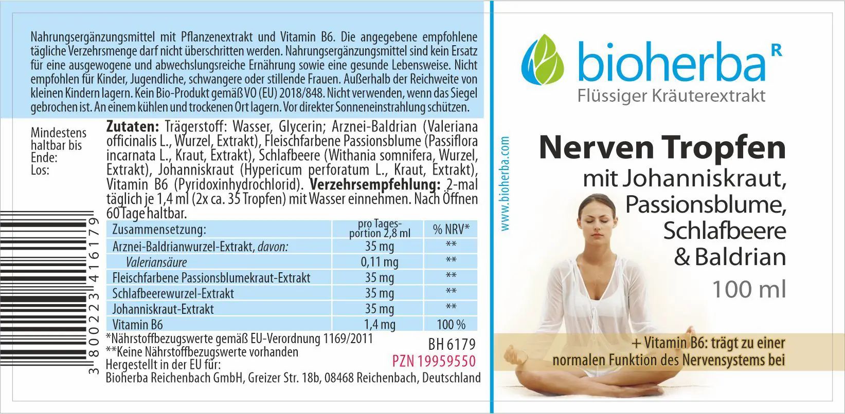 Etikett mit Produktname, Logo und Frau im Schneidersitz. Enthält Inhaltsstoffe und Nährwertangaben. 100 ml.