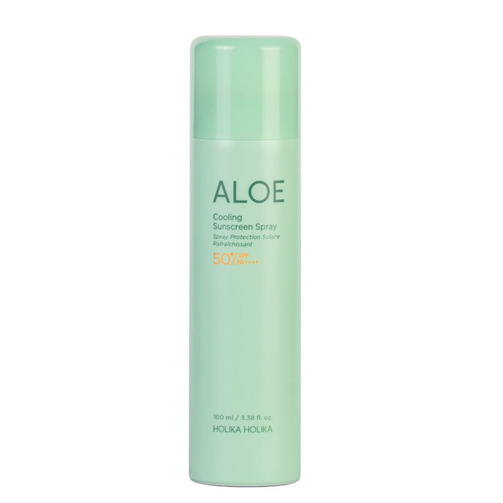 Holika Holika Aloe Cooling Sunscreen Spray mit LSF 50+ in hellgrüner Dose.