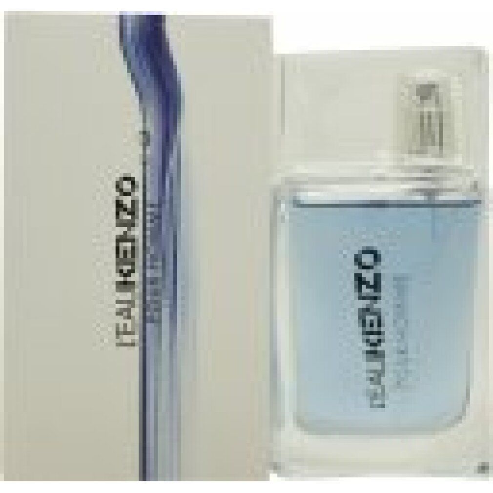 L'Eau Kenzo Pour Homme Flakon und Verpackung. Klare Glasflasche mit blauem Duftwasser und silbernem Sprühkopf.