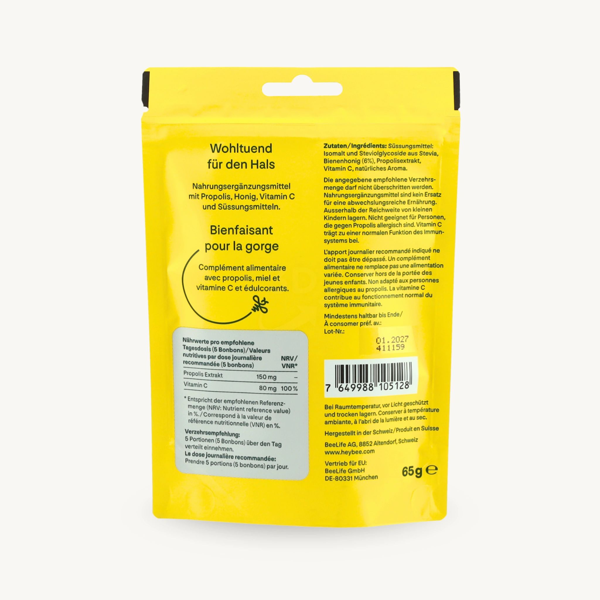 Rückseite der Heybee Propolis Bonbon Verpackung. Text: Wohltuend für den Hals. Inhaltsstoffe, Nährwertangaben, Verzehrempfehlung.