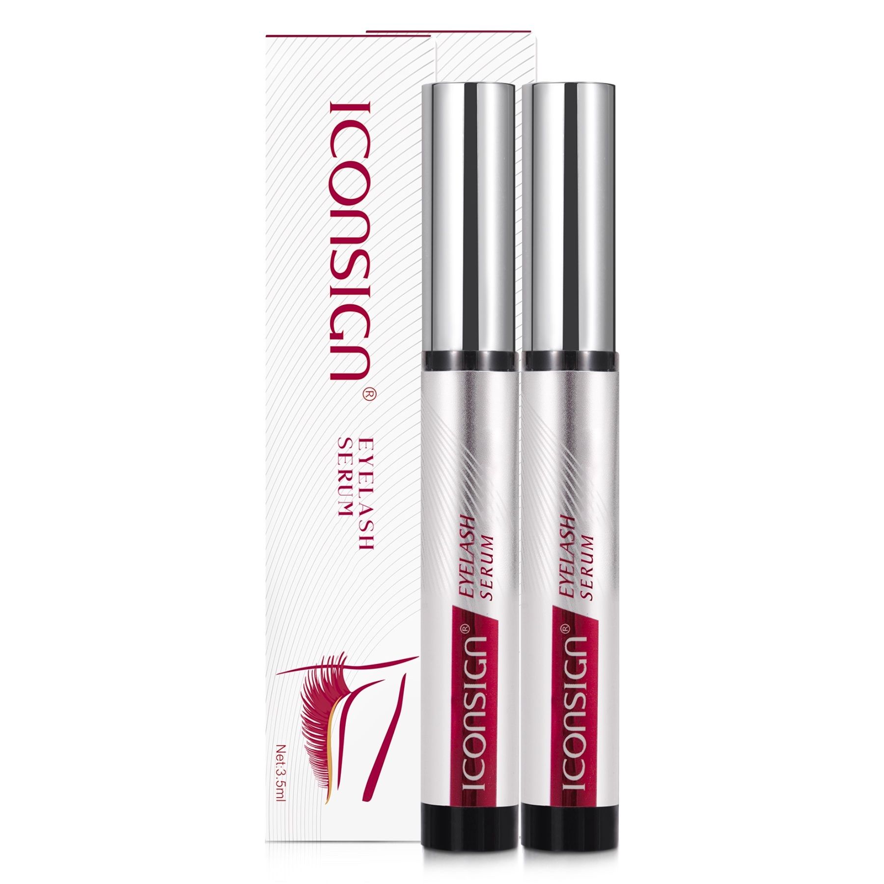 Zwei Flaschen Eyelash Serum und eine Verpackung. Aufschrift: Iconsign Eyelash Serum. Rote und weiße Farbgebung.