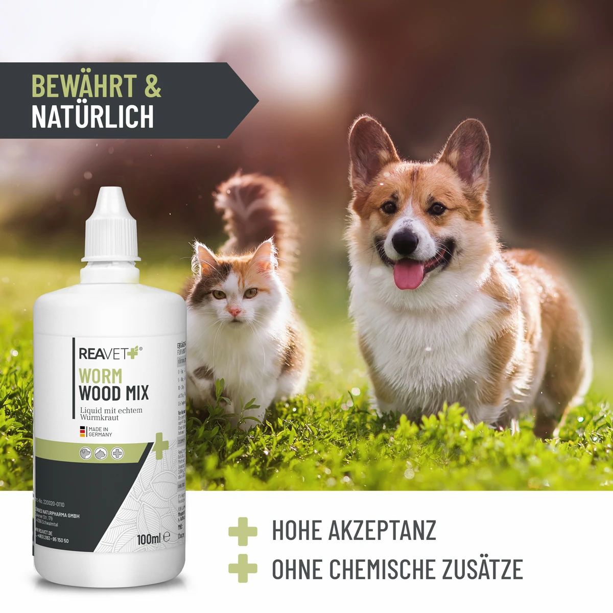Weiße Flasche mit Dosiertropfer. Katze und Hund im Gras. Text: Hohe Akzeptanz, ohne chemische Zusätze.
