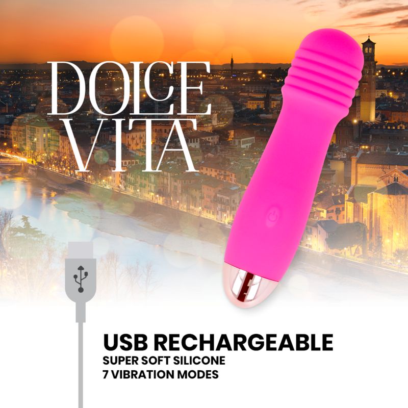 Pinkfarbener Vibrator mit USB-Ladekabel. Text: USB RECHARGEABLE, SUPER SOFT SILICONE, 7 VIBRATION MODES.