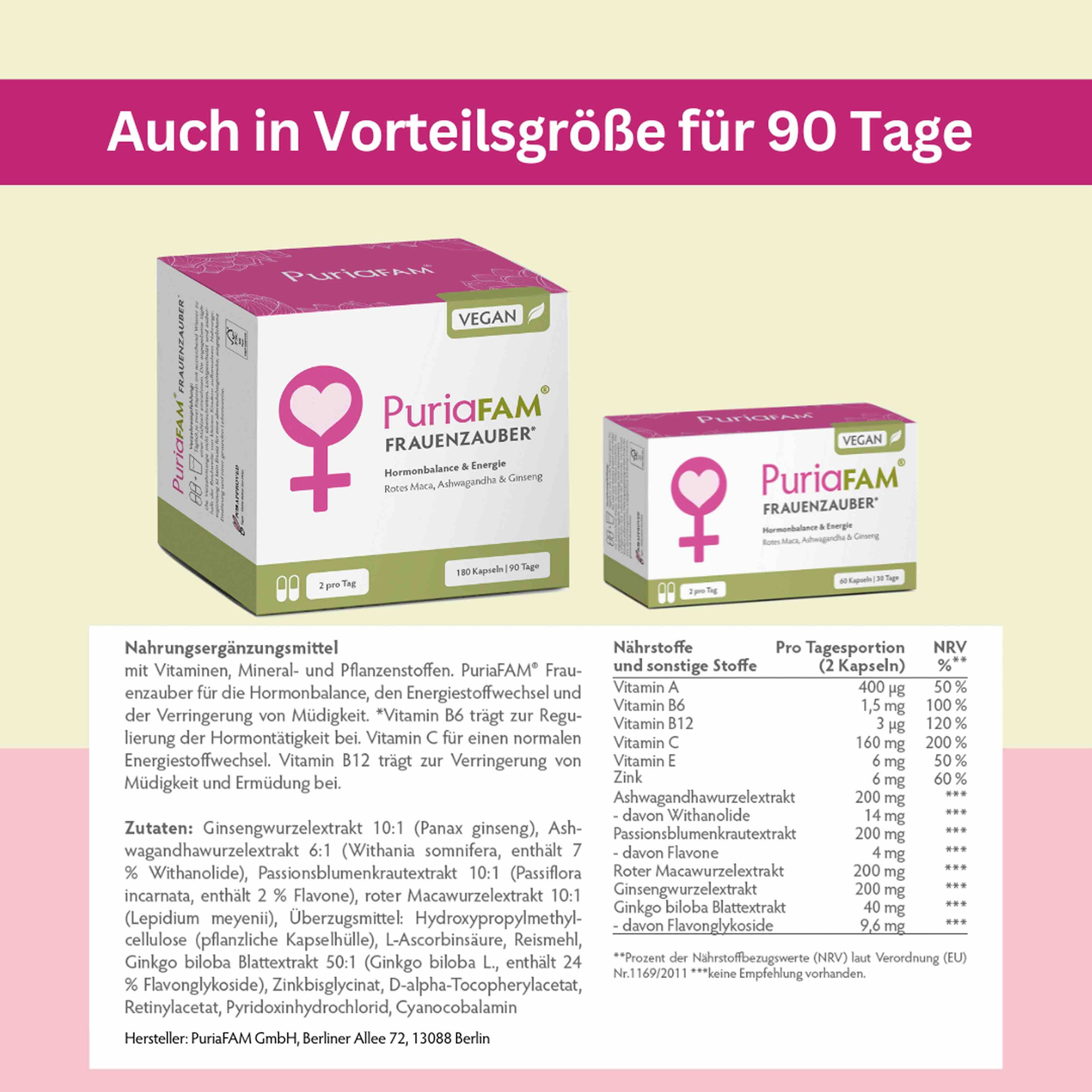 Zwei Produktverpackungen und Nährwerttabelle. Text: Auch in Vorteilgröße für 90 Tage. Inhaltsstoffe und Nährwerte.