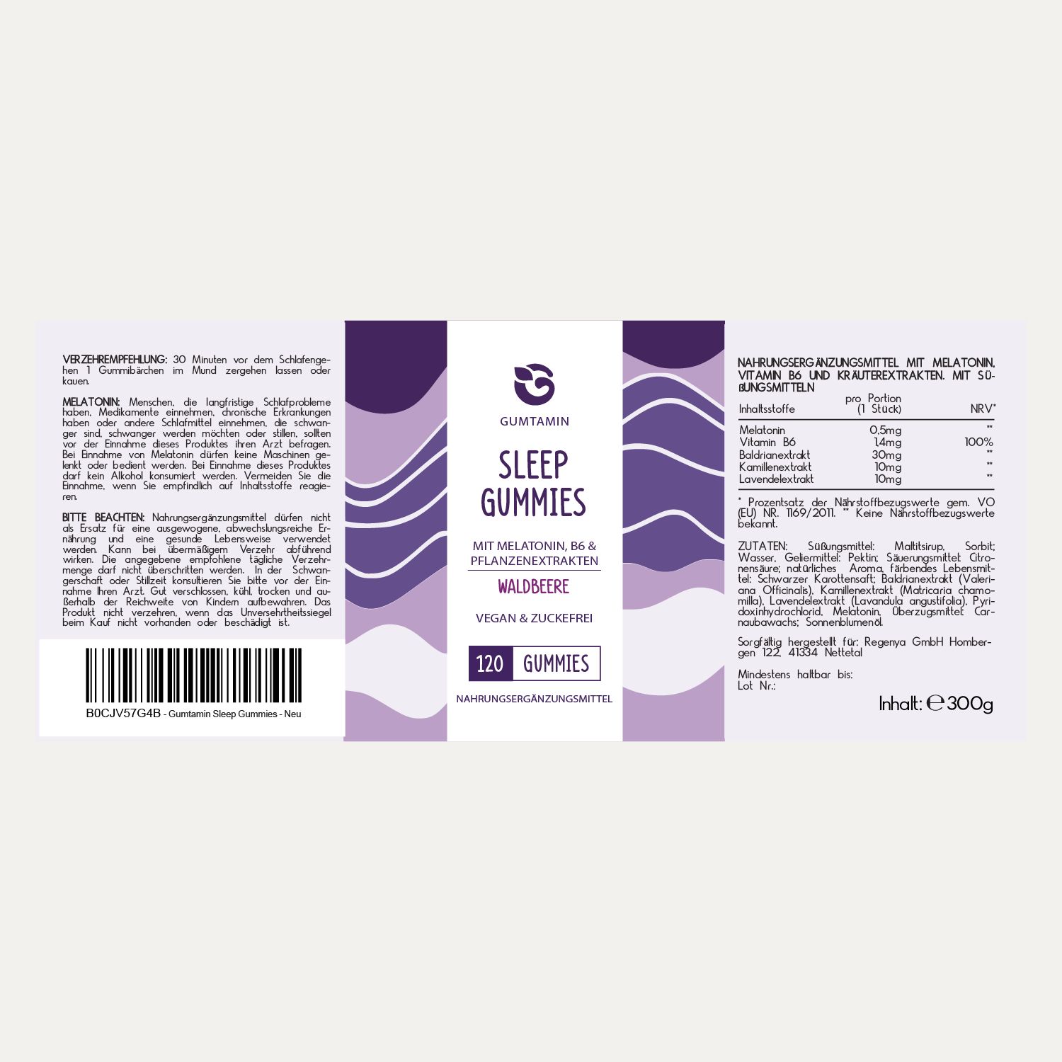 Etikett Sleep Gummies. Text: Sleep Gummies, Waldbeere, 120 Gummies. Informationen zu Inhaltsstoffen und Nährwertangaben. Warnhinweise und Gebrauchsanweisung.