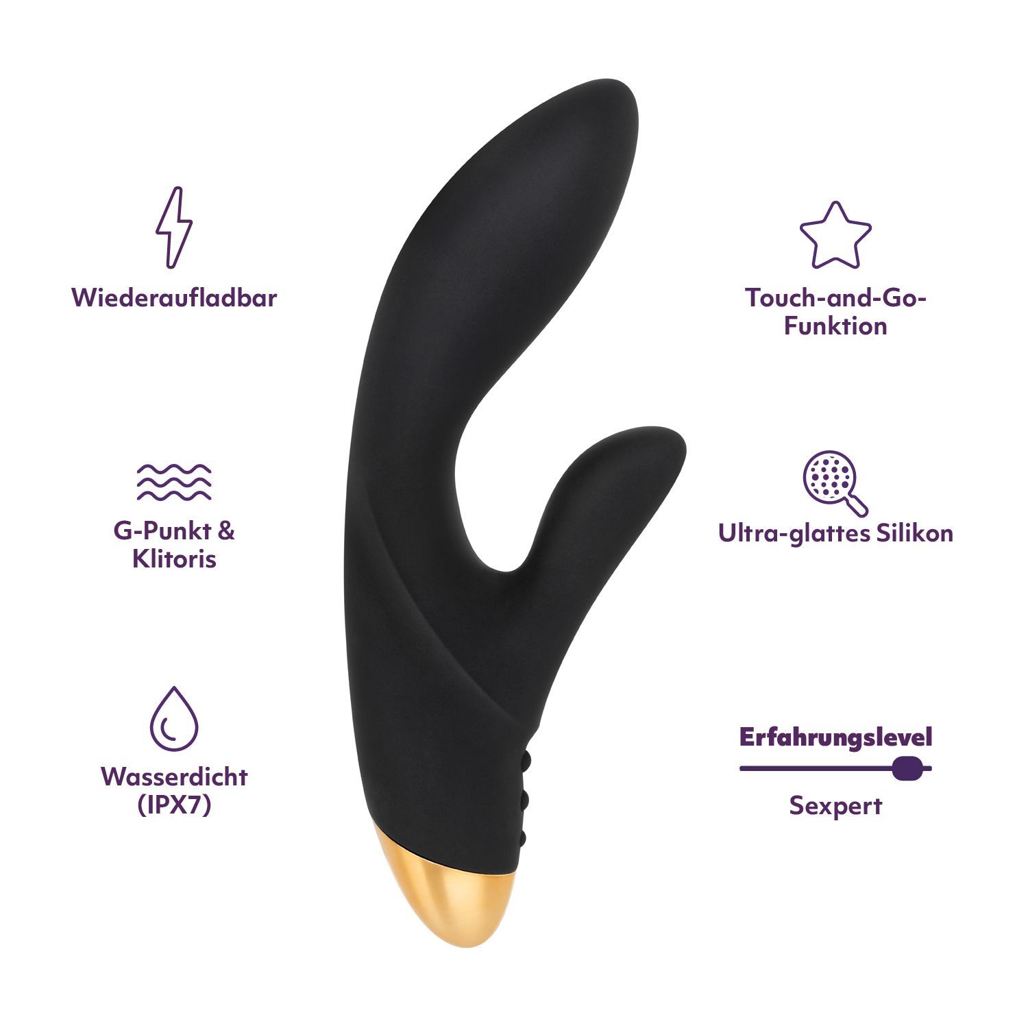 Schwarzer Rabbit-Vibrator mit goldenem Akzent. Merkmale: Wiederaufladbar, G-Punkt & Klitoris, Wasserdicht (IPX7), Touch-and-Go, Ultra-glattes Silikon.