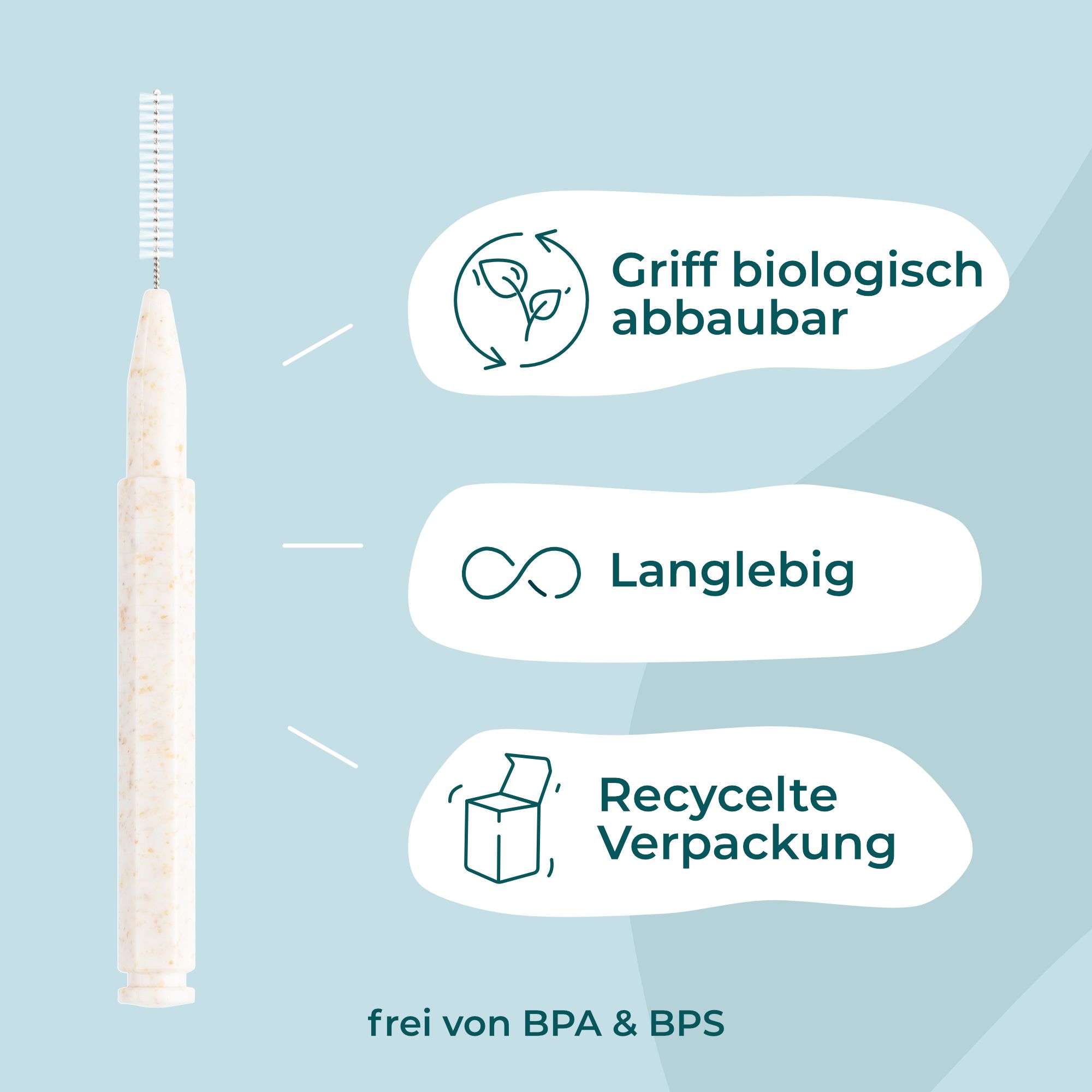 Interdentalbürste mit beige Griff. Biologisch abbaubarer Griff, langlebig, recycelte Verpackung. Frei von BPA & BPS.