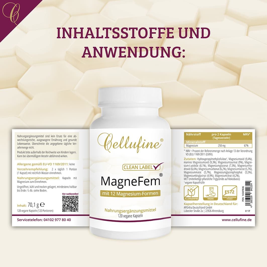 Flasche Cellufine MagneFem Kapseln mit Etiketten. Aufschrift: MagneFem mit 12 Magnesium-Formen. Enthält Informationen zu Inhaltsstoffen und Anwendung.