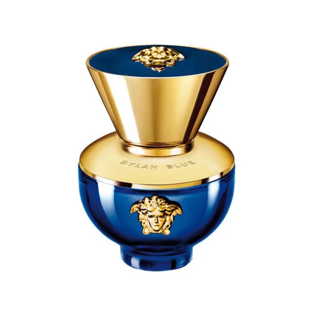 Blauer Flakon mit goldfarbenem Deckel und Medusa-Logo. Aufschrift 'Dylan Blue'.