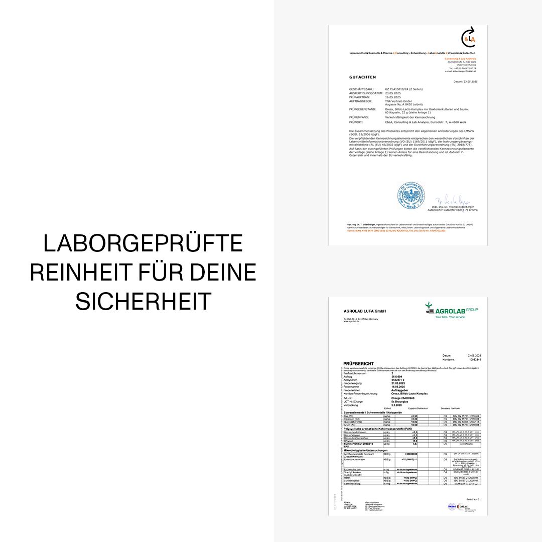 Zwei Dokumente. Text: Laborgeprüfte Reinheit für deine Sicherheit. Zertifikate.