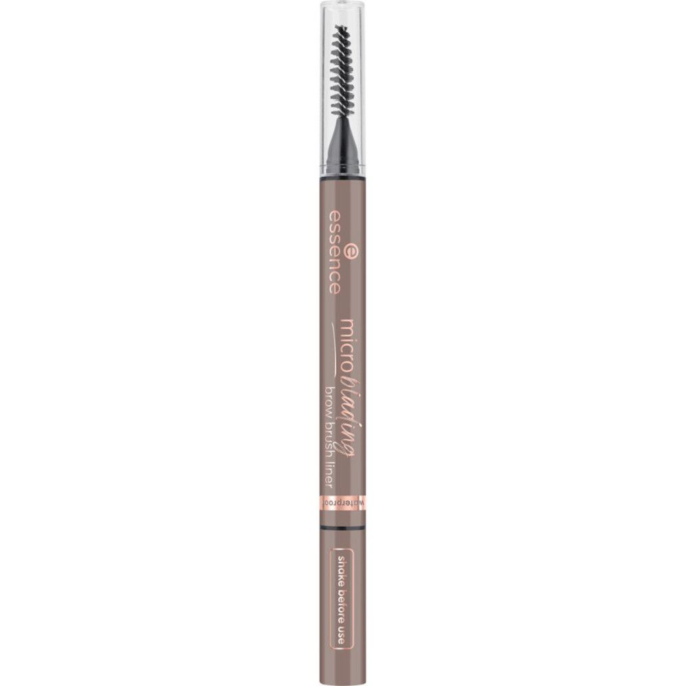 Augenbrauenstift mit Bürste. Marke: Essence. Microblading Brow Brush Liner. Hellbrauner Stift mit transparentem Deckel.