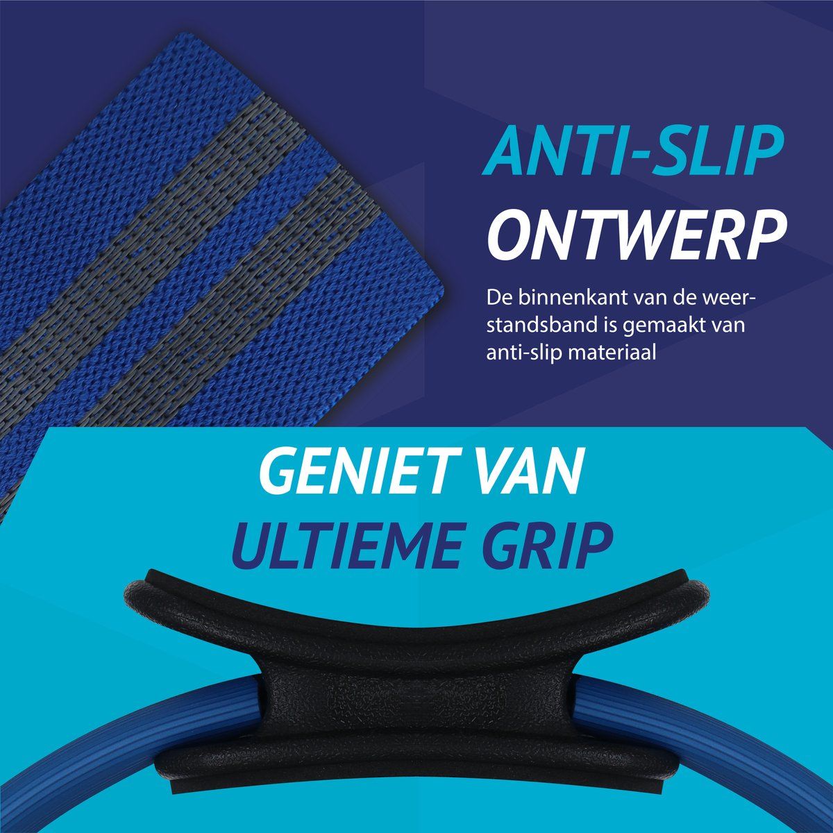 Nahaufnahme des blauen Widerstandsbandes mit grauem Anti-Rutsch-Design und schwarzem Griff des Pilates-Rings.