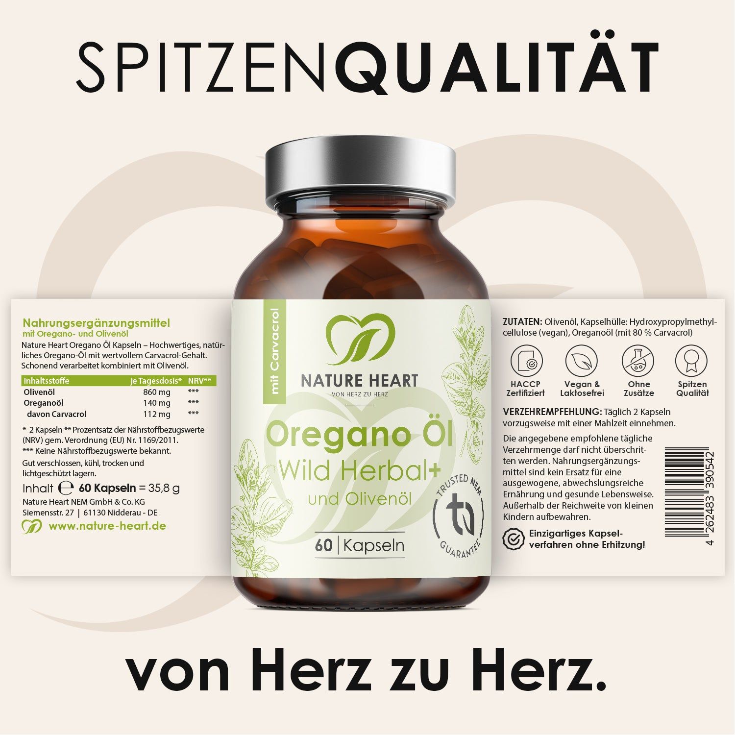 Nature Heart Oregano Öl Wild Herbal+ Kapseln. Flaschenetikett mit Nährwertangaben und Inhaltsstoffen. Trusted NEM Guarantee.