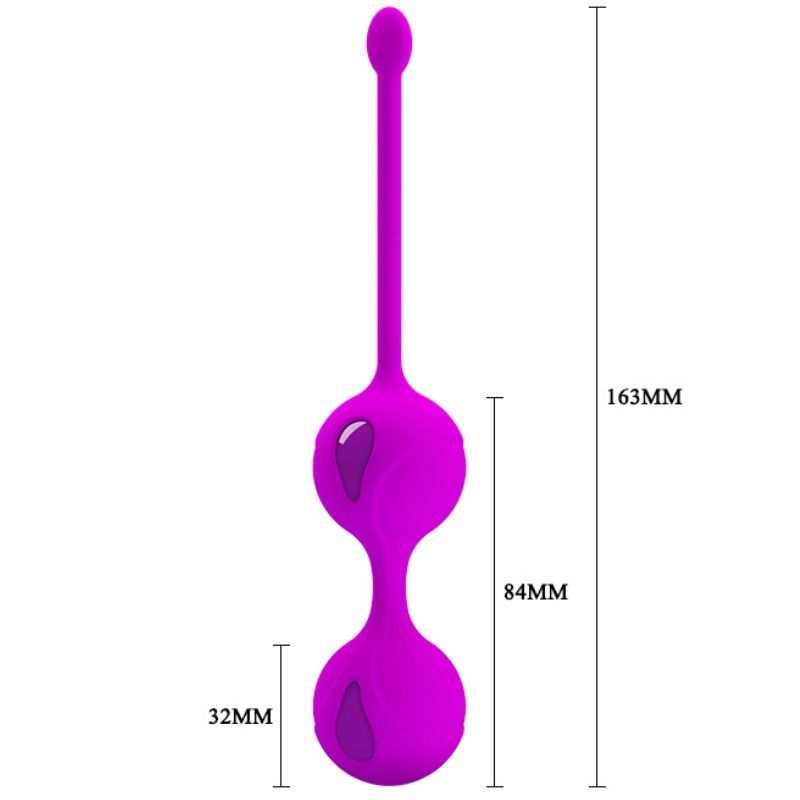 Violette Kegel-Übungsbälle mit Maßangaben: 163mm hoch, 84mm breit, 32mm Durchmesser.