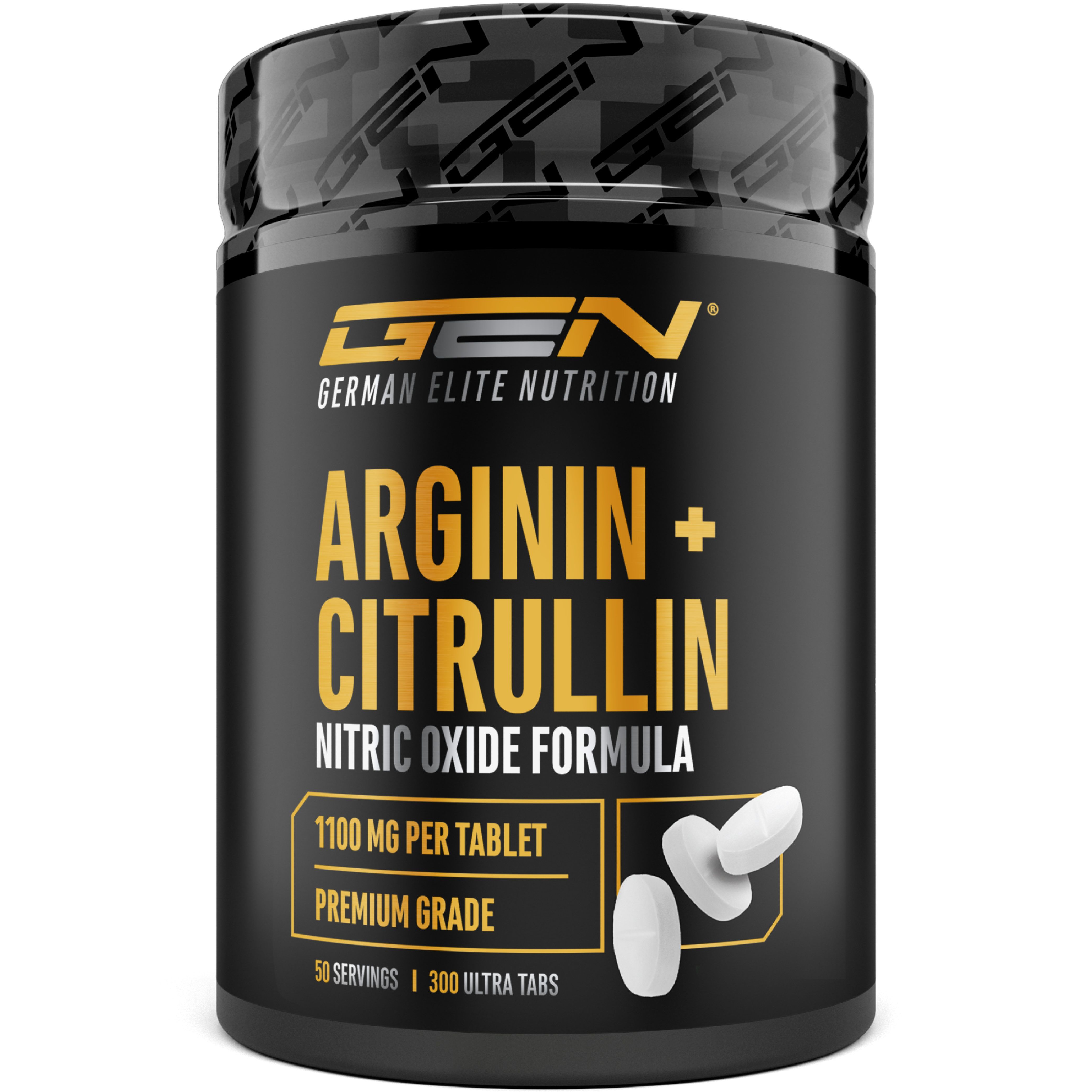 GEN Arginin + Citrullin Tabletten. Schwarze Dose mit weißem Deckel. 1100 mg pro Tablette. 50 Portionen. 300 Ultra Tabs.