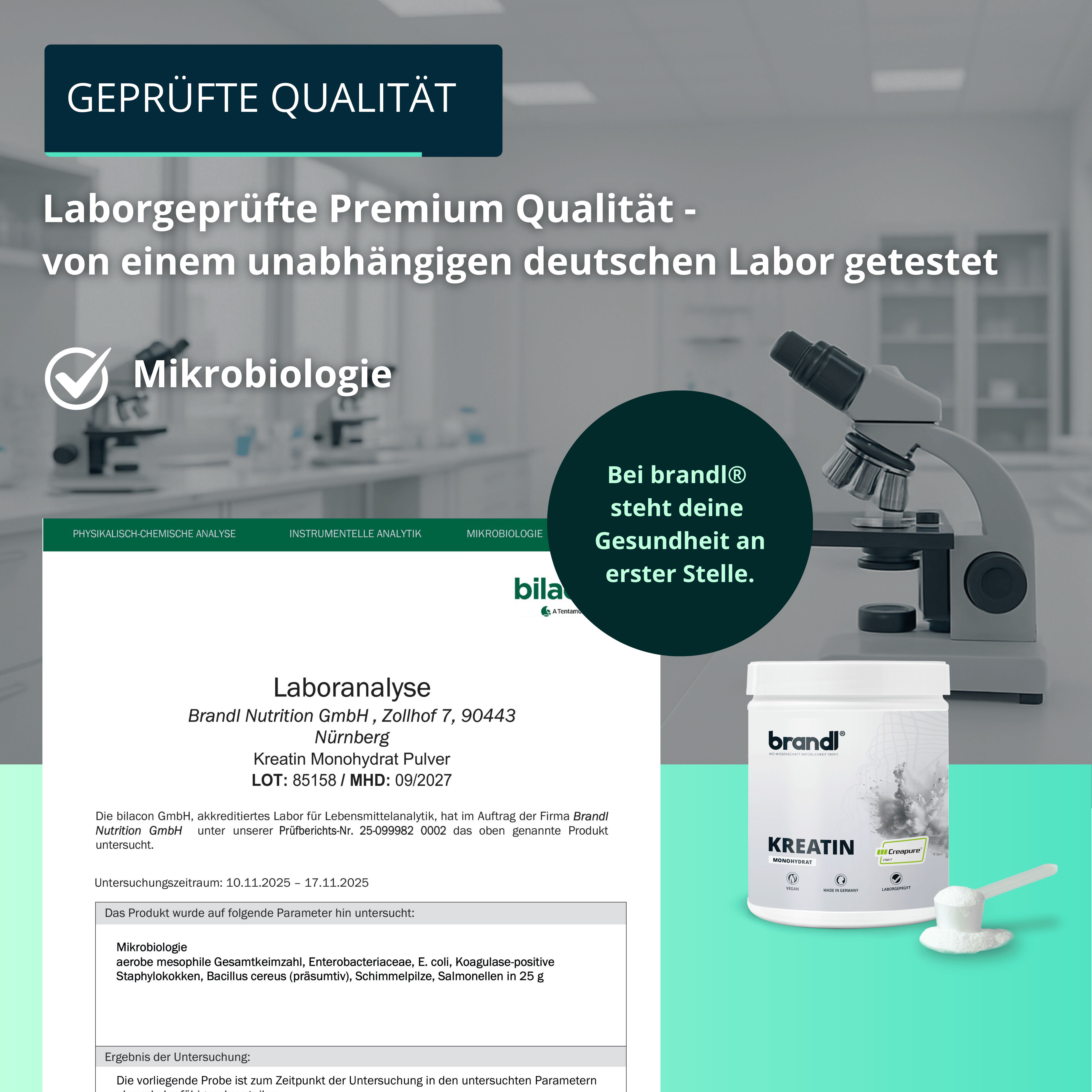 Laboranalyse-Dokument. Text: Laborgeprüfte Premium Qualität. Mikrobiologie. Kreatin Monohydrat Pulver. Logo „brandl“. Messlöffel.