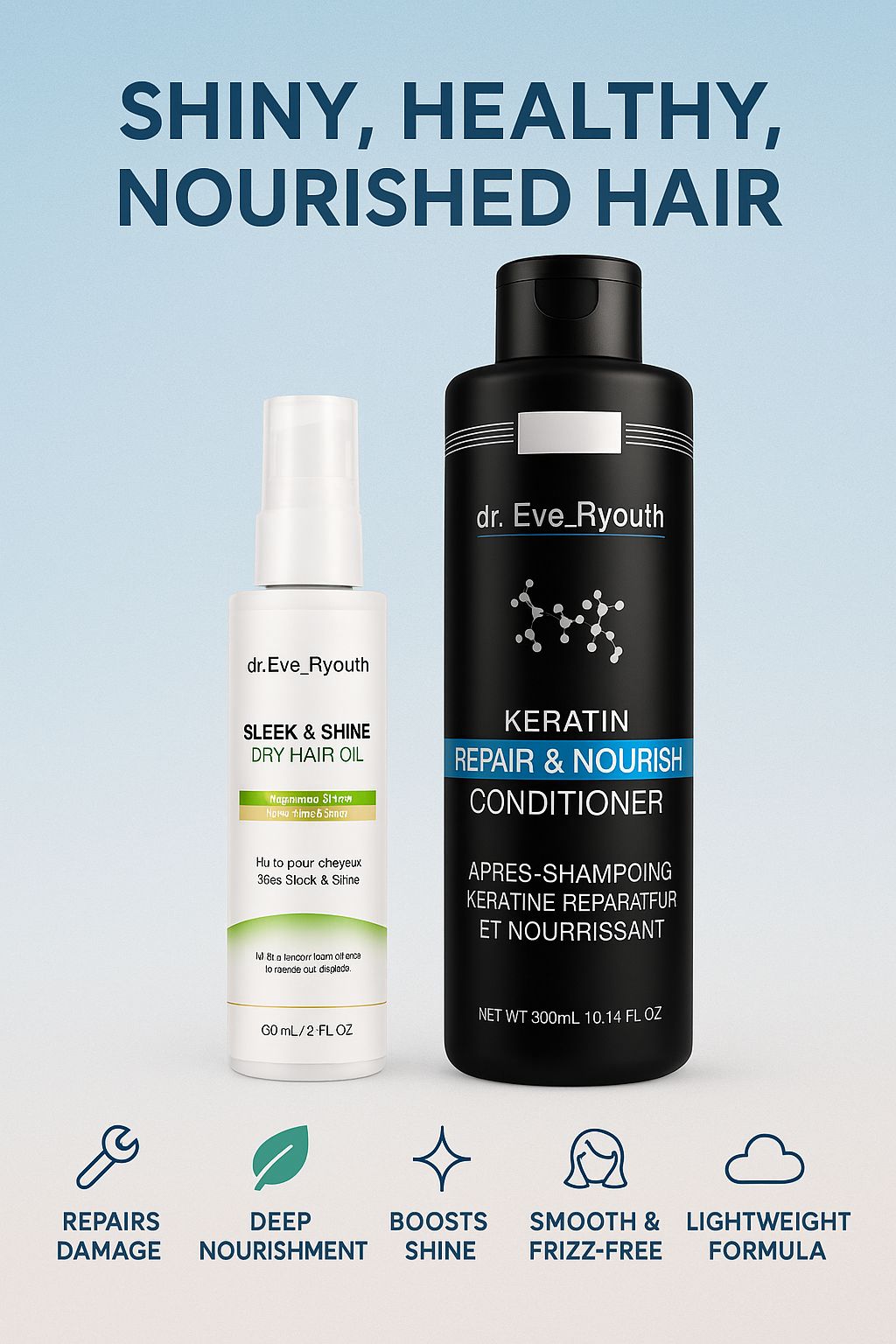 Zwei Flaschen: Haaröl und Keratin-Conditioner. Schwarze Flasche mit weißer Schrift, kleinere weiße Flasche mit Sprühkopf. Text: Shiny, Healthy, Nourished Hair.