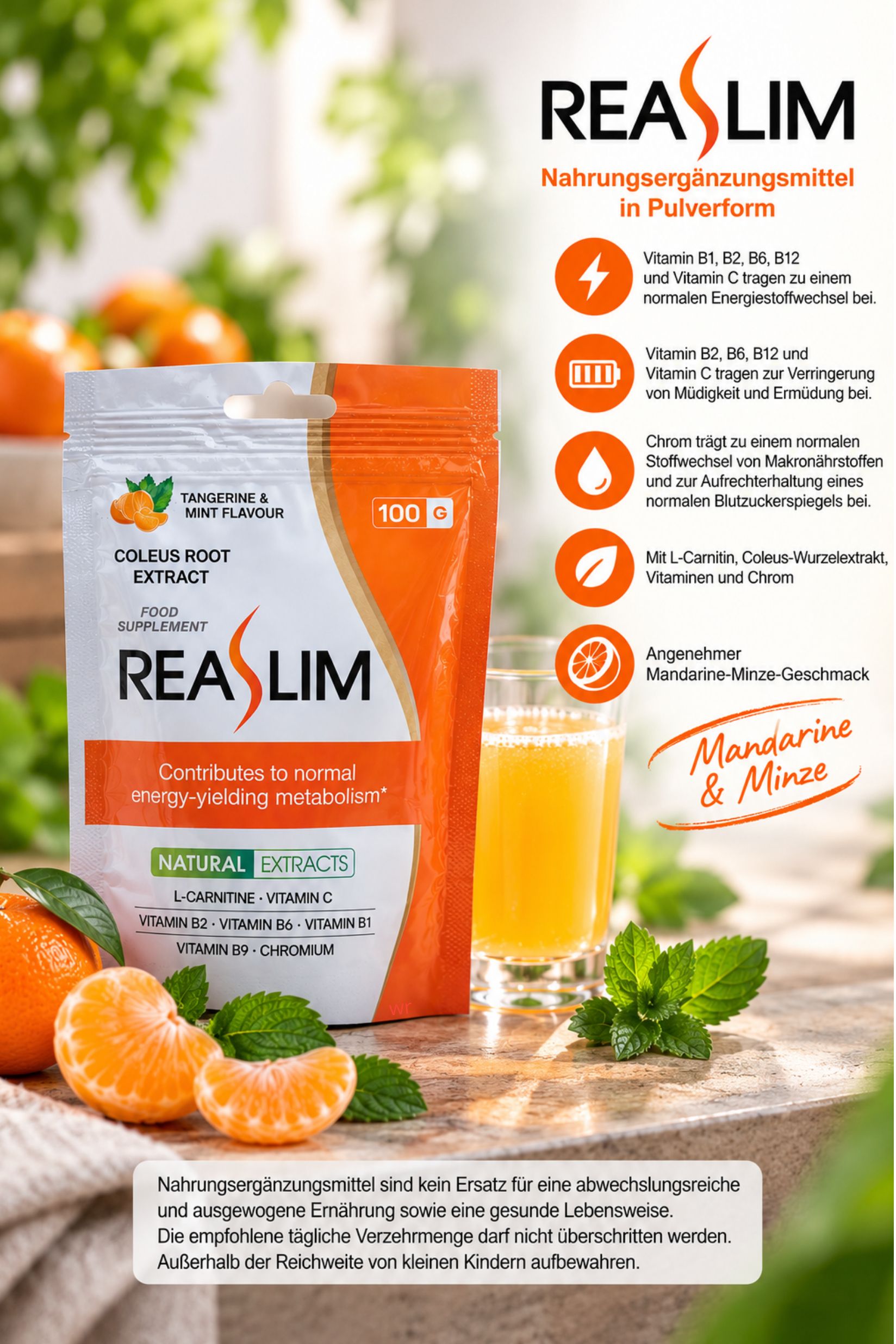 ReaSlim Beutel mit 100g Pulver, Mandarine & Minze Geschmack. Enthält Coleus-Wurzelextrakt, L-Carnitin, Vitamine.