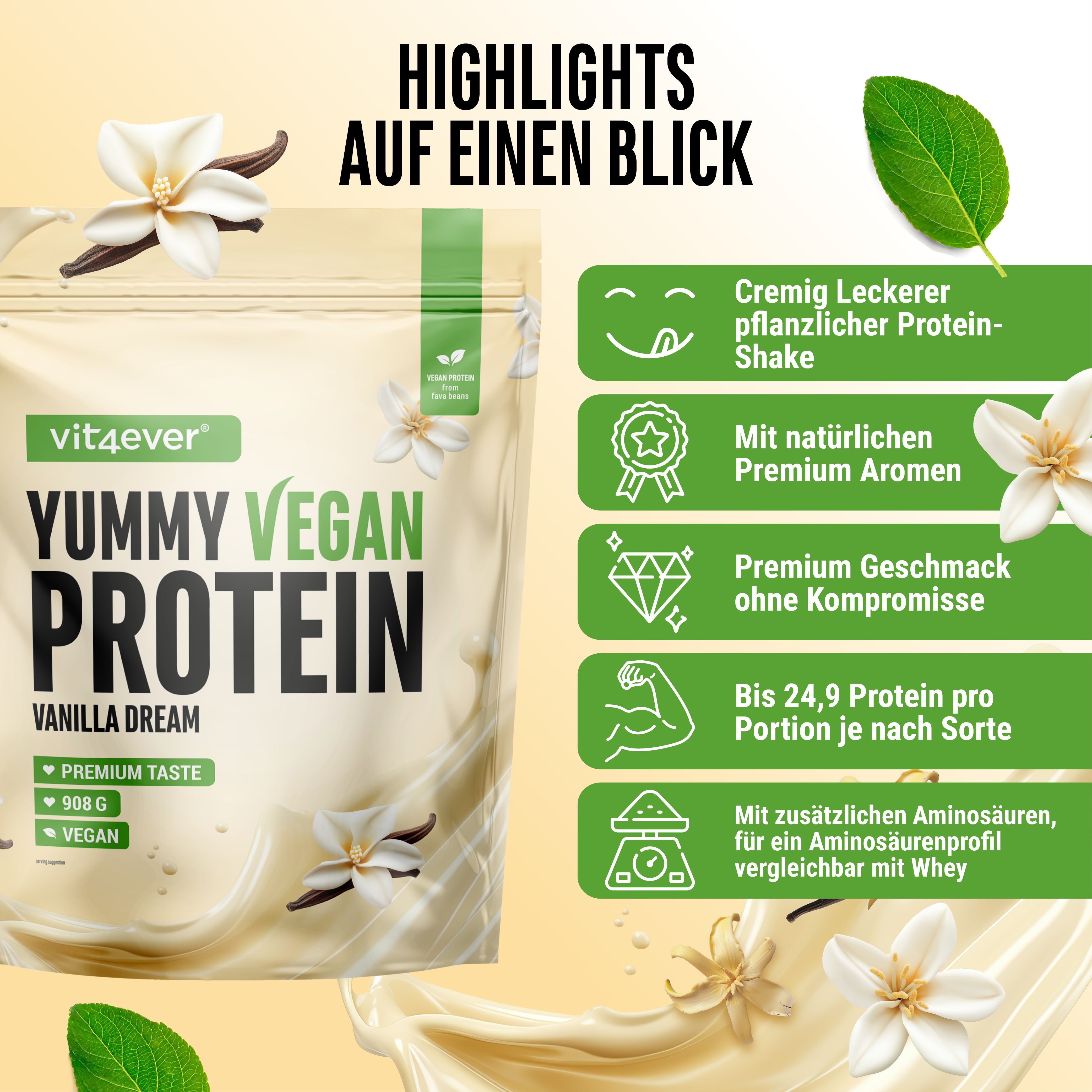 Yummy Vegan Protein, Vanille Dream. Text: Cremig lecker, mit natürlichen Aromen, Premium Geschmack, 24,9g Protein.