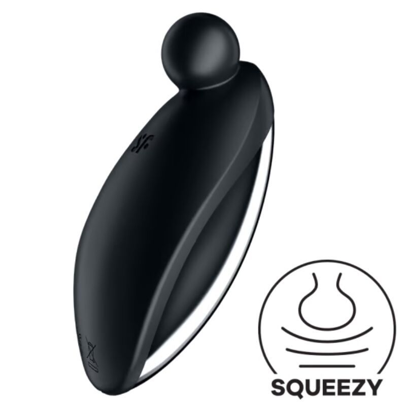 Schwarzer Vibrator mit kugelförmiger Spitze, "Squeezy"-Symbol und CE-Kennzeichnung.